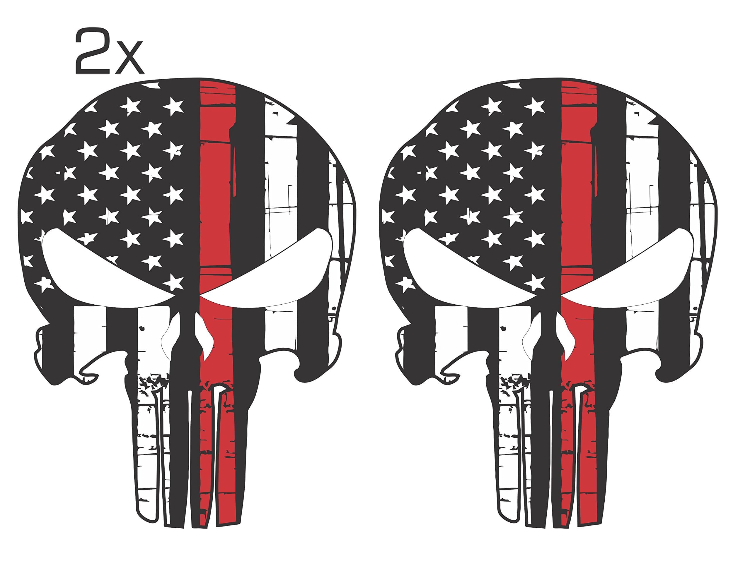 Official Red Line Punisher Skull 3M/Orafol Decal Supporting Our Firefighter Heroes Various Sizes Pack of 2 (3.8" x 5", White Tattered Punisher Skull)