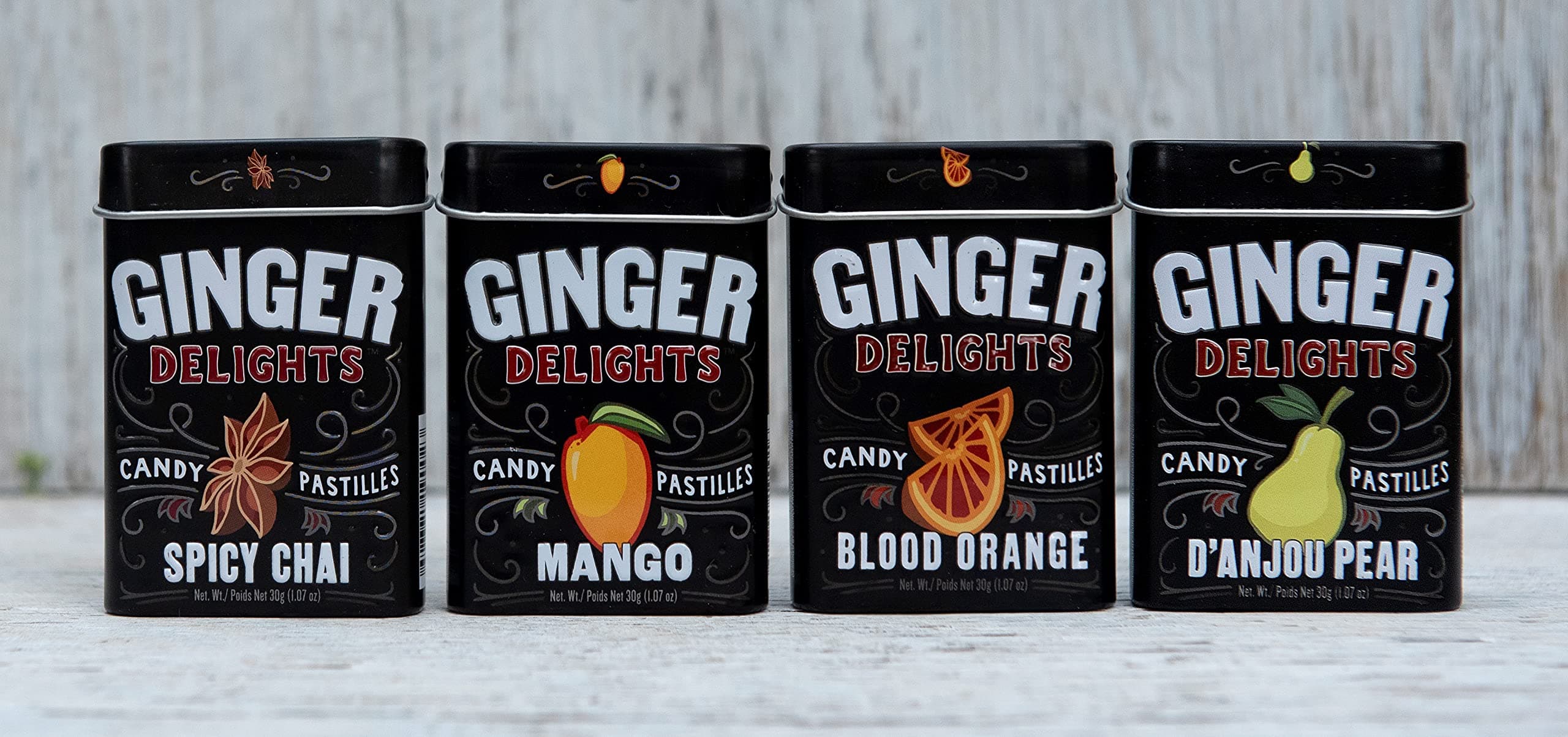 Ginger Delights Four Flavor Variety Pack | Genuine Ground Ginger Root, Natural Flavors | Kosher Certified, Vegan, Gluten Free | Aspartame & Xylitol Free | 30 Count Tin (Pack of 12)
