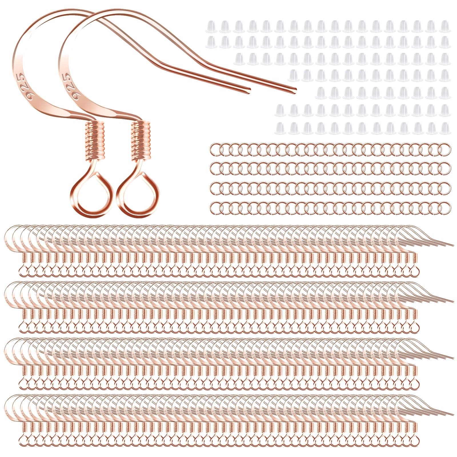 200 PCS/100 Pairs Rose Gold Tone Earring Hooks 925 Sterling Silver Plated Hypoallergenic Ear Wires Fish Hooks with 100 PCS Silicone Ear Backs and Jump Rings Earring Findings for DIY Jewelry Making