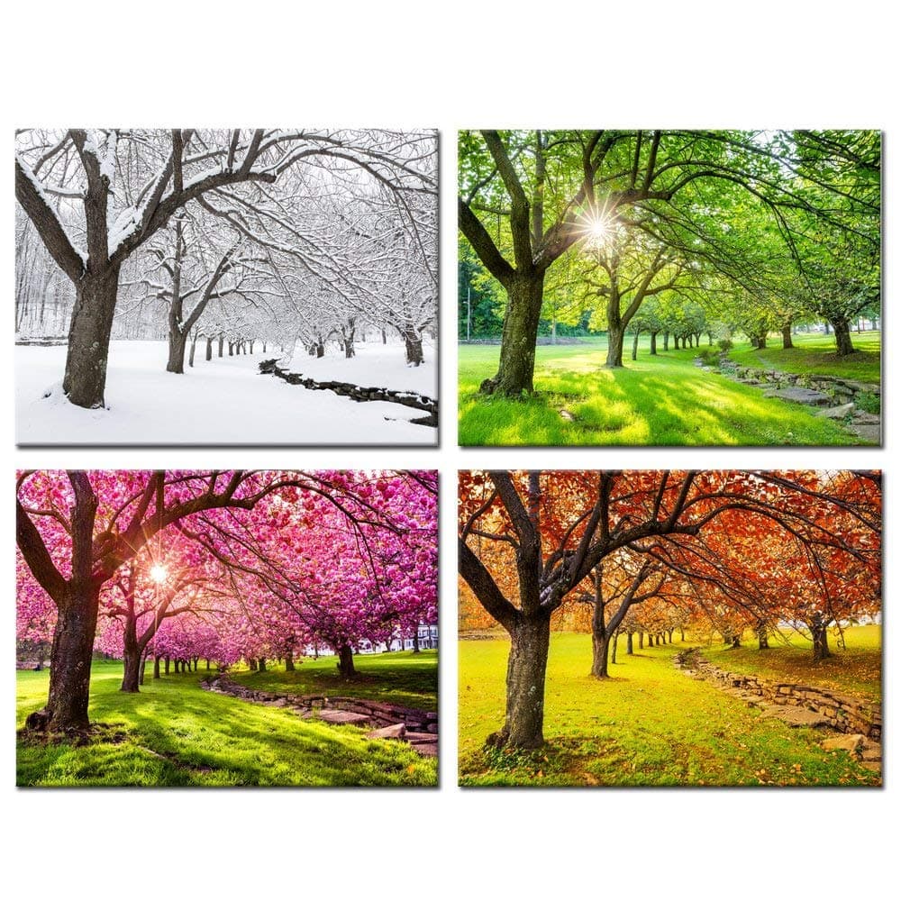 KREATIVE ARTS 4 Piece Canvas Wall Art Spring Summer Autumn Winter Four Seasons Landscape Colorful Tree Painting Picture Prints Modern Giclee Artwork Stretched Framed Bathroom 12x16inchx4pcs