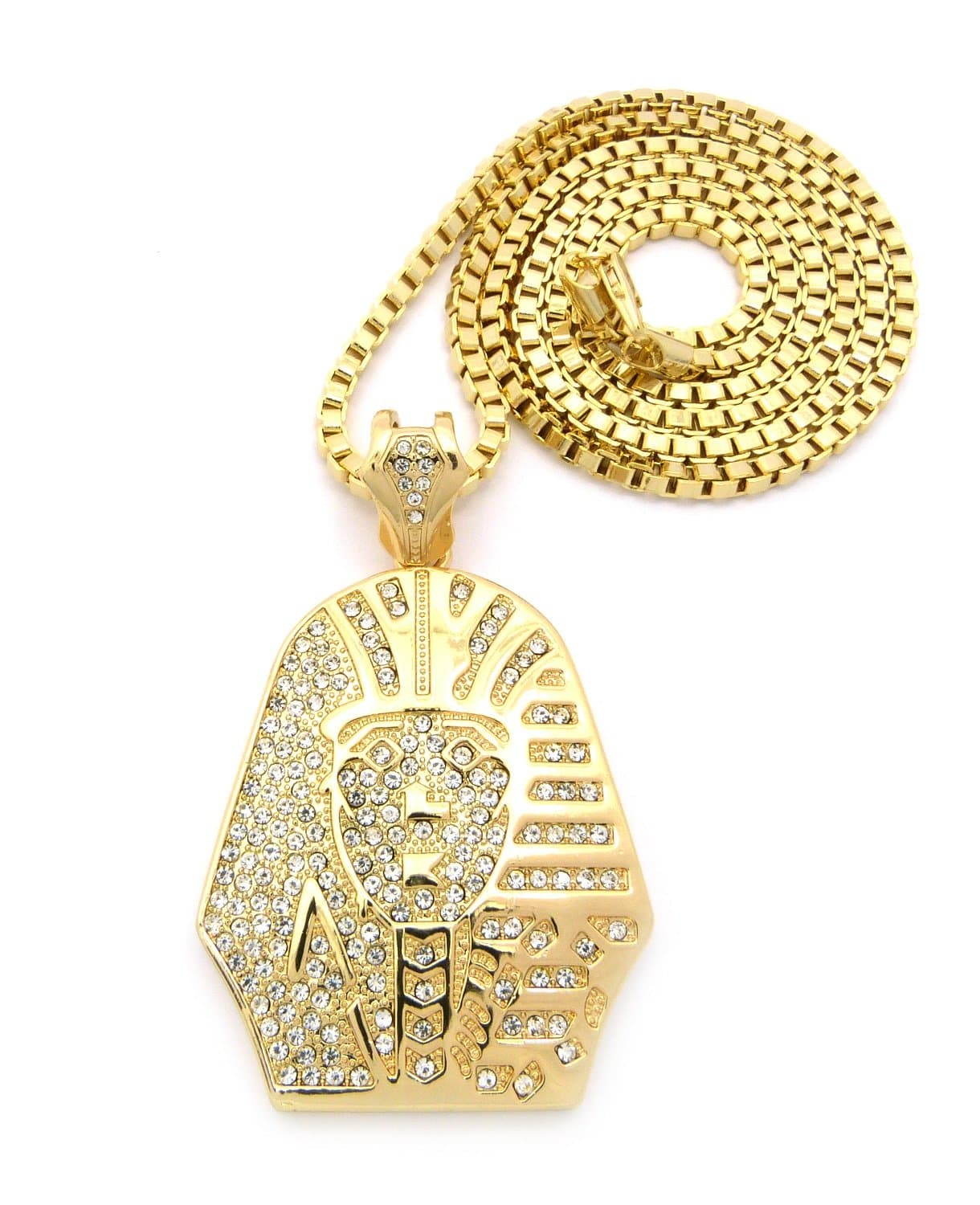 New Iced Out KING-TUT PHARAOH Pendant 4mm/36" Box Chain Hip Hop Necklace XP850BXG