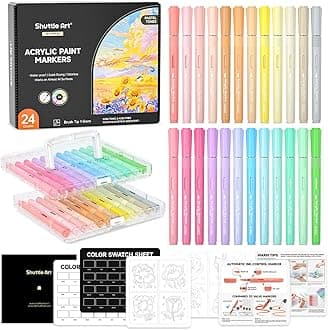 Shuttle Art Automatic Ink Control Acrylic Paint Markers, 24 Pastel Colors Brush Tip Acrylic Paint Pens for Rock Painting, Ceramic, Wood, Canvas, Glass, Stone, Fabric, Card Making, DIY & Art Supplies