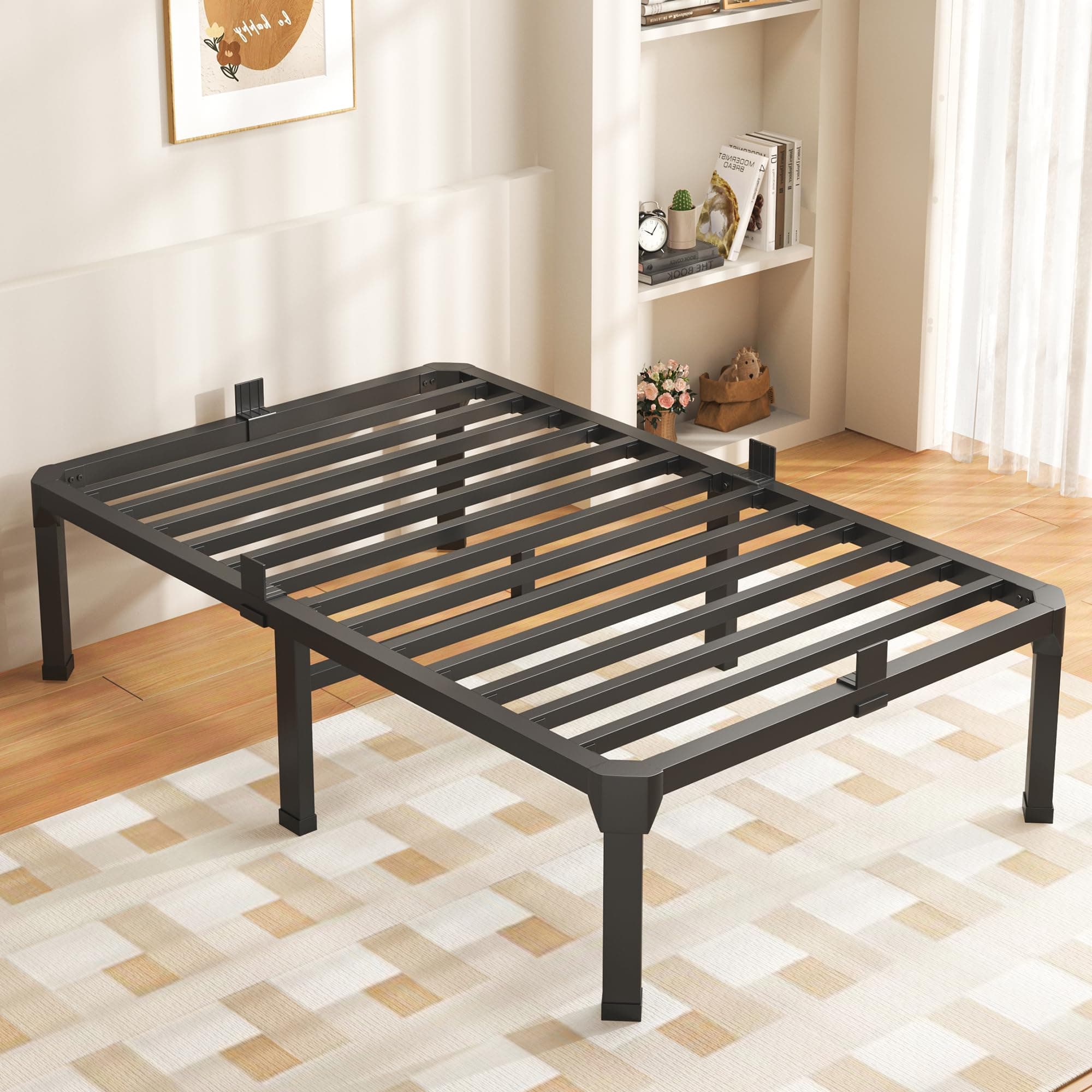 ROIL 14 Inch Twin Size Bed Frame with Mattress Slide Stopper - Single Black Basic Anti Squeak Steel Slats Metal Platform, Heavy Duty Noise Free Easy Assembly Bedframes, No Box Spring Needed