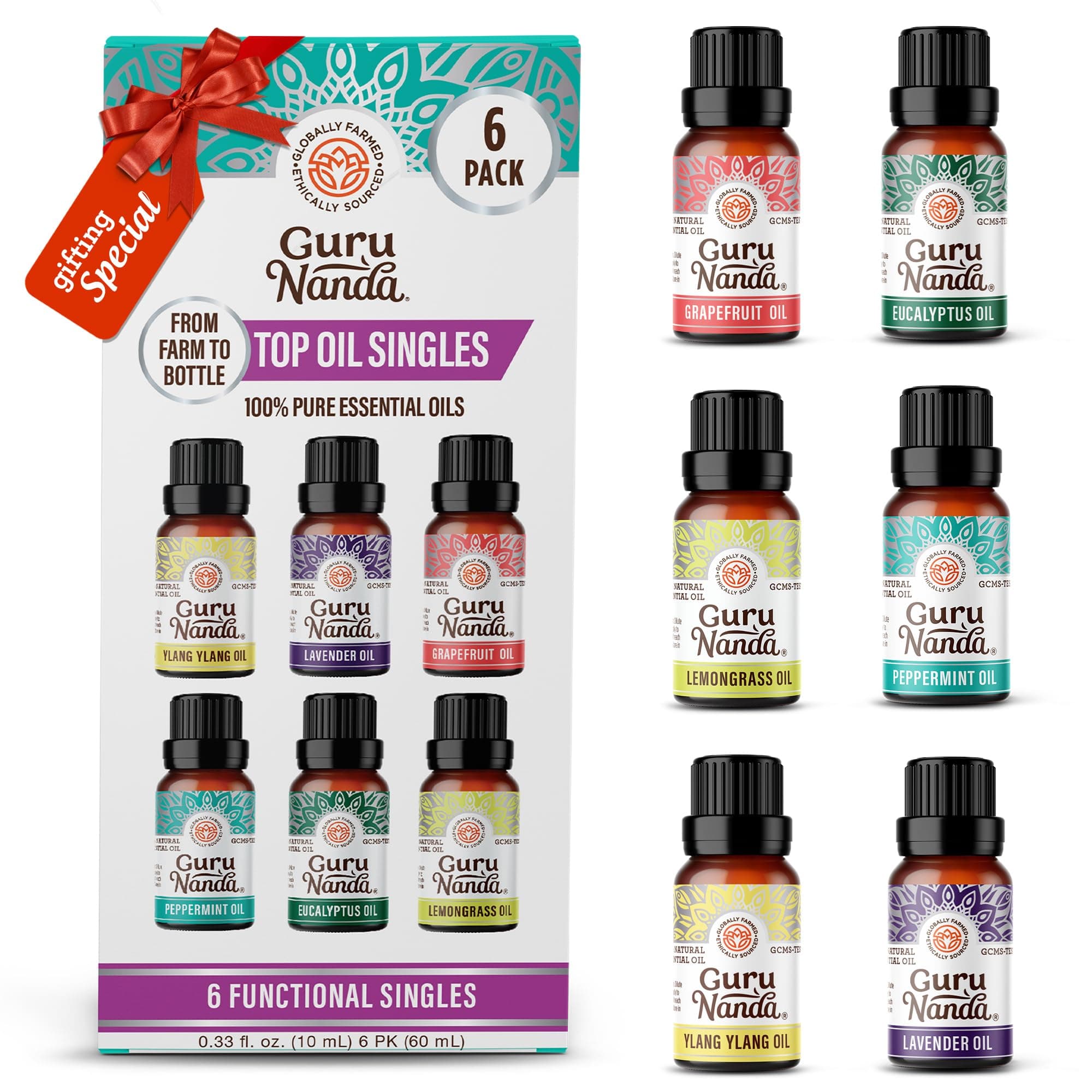 GuruNanda Top 6 Singles Essential Oils Set - Pure & Natural Therapeutic Grade Oil for Aromatherapy.