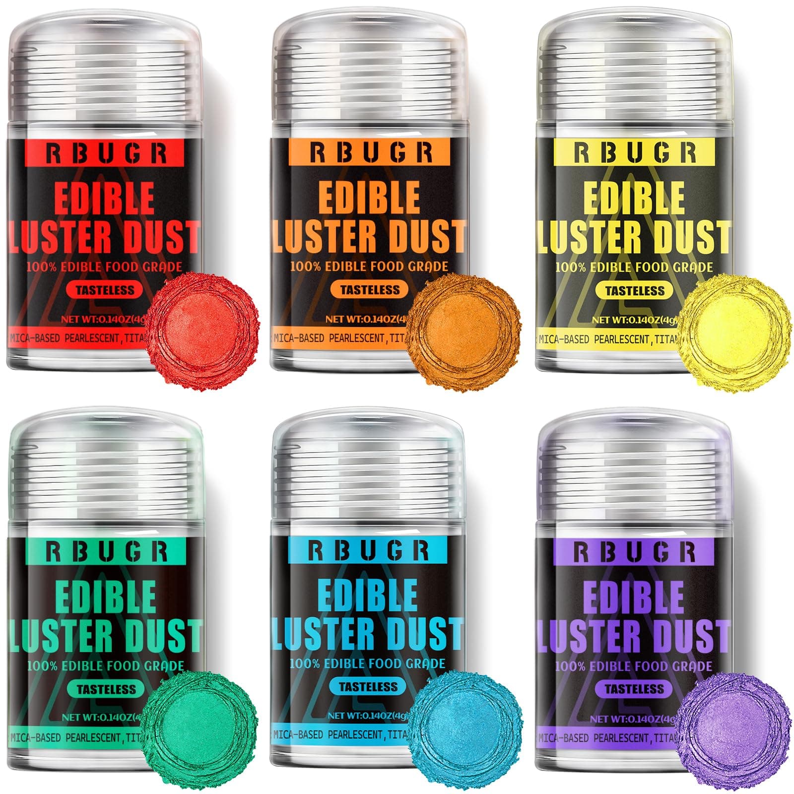 RBUGR Edible Glitter Set, 6 Colors Edible Luster Dust, Food Grade Drink Glitter Edible Dust, Sprinkles Cocktail Glitter, Shimmering Powder Glitter for Fondant, Candy, Vegan Cake Decorating（4g/0.14oz）