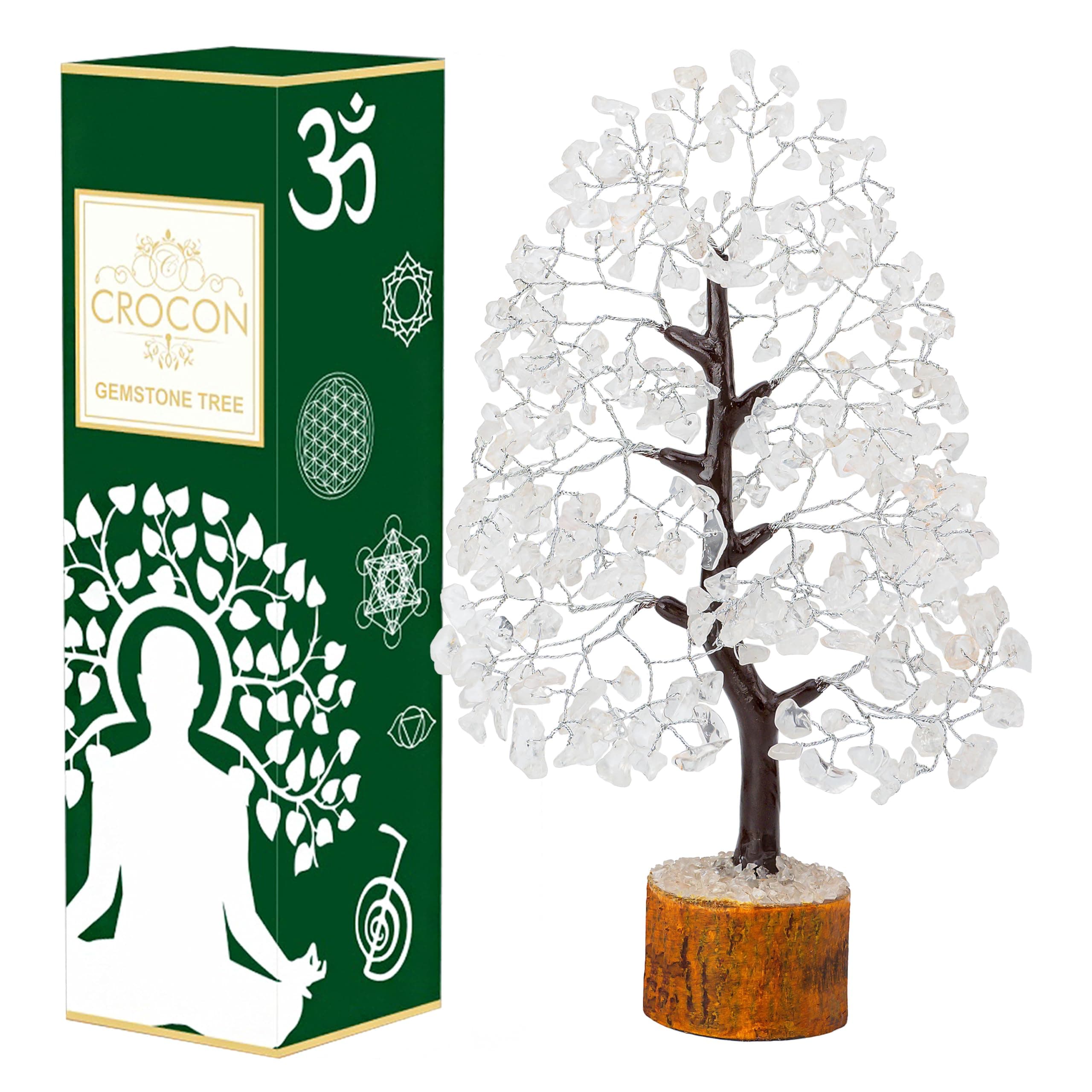 Crocon Clear Quartz Gemstone Money Tree Feng Shui Bonsai Reiki Crystal Healing Chakra Balancing Decoration Ornament Figurine Spiritual Enhancement Good Luck Prosperity Gift Decor Size 10-12"