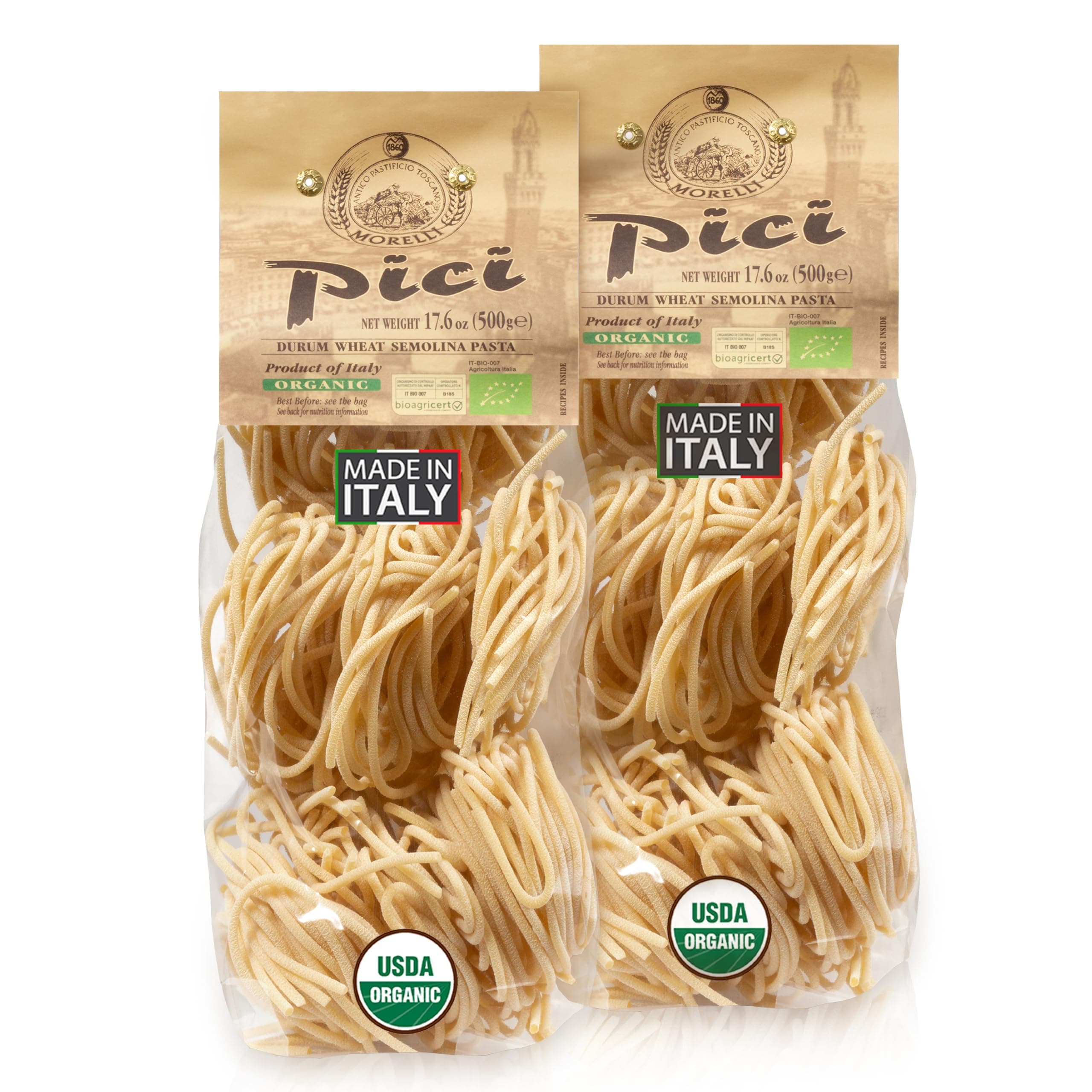 Morelli Pici Pasta di Toscana - Italian Gourmet Organic Pici Noodles - Thick Organic Pasta Nests Made in Italy from Durum Wheat Semolina - 17.6oz (500g) - Pack of 2