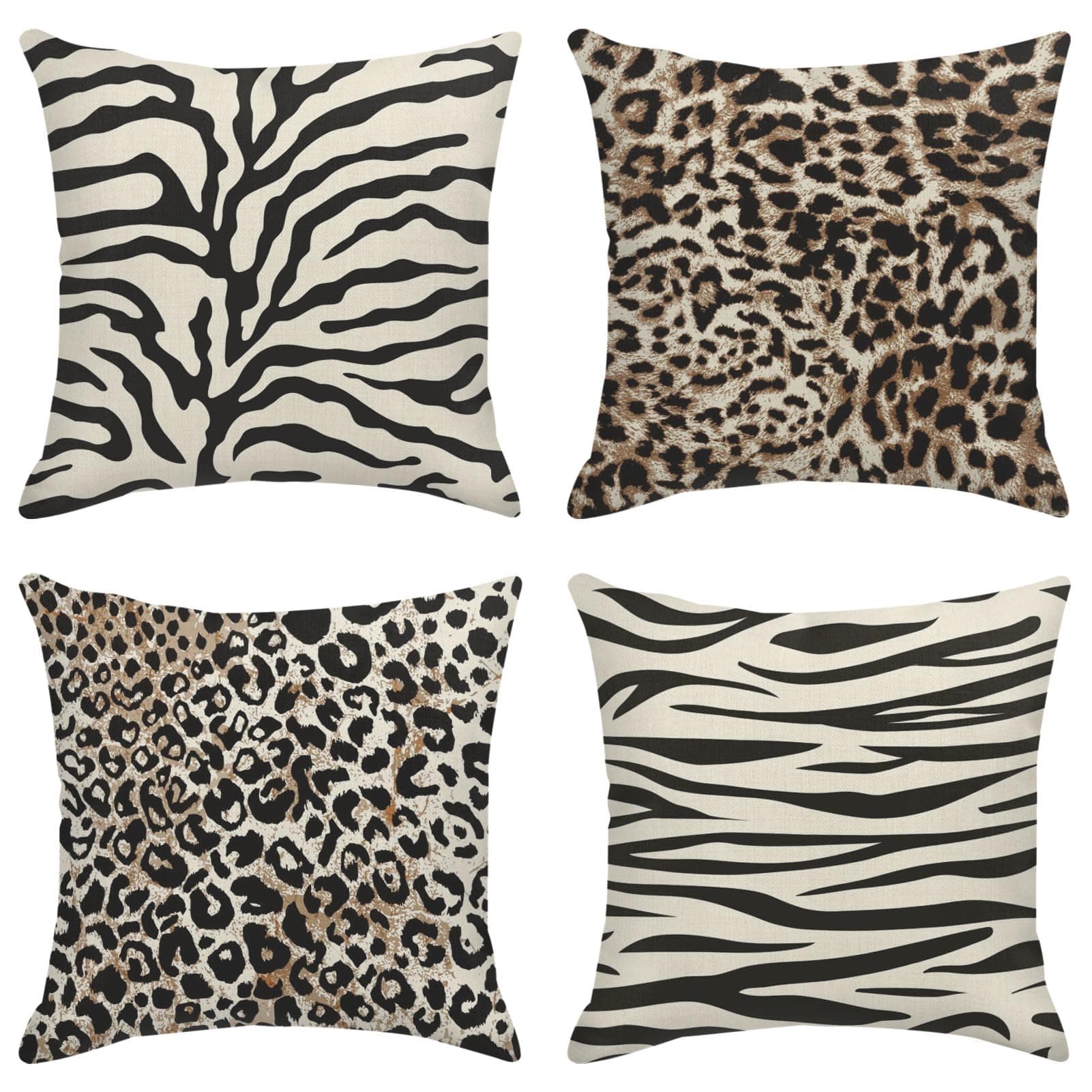 Sanwarm Throw Pillow Covers Home Decor Set of 4 Animal Leopard Brown Safari Abstract Pillow Cases Decorative 18 x 18 Inches Outdoor Cushion Couch Sofa Pillowcases