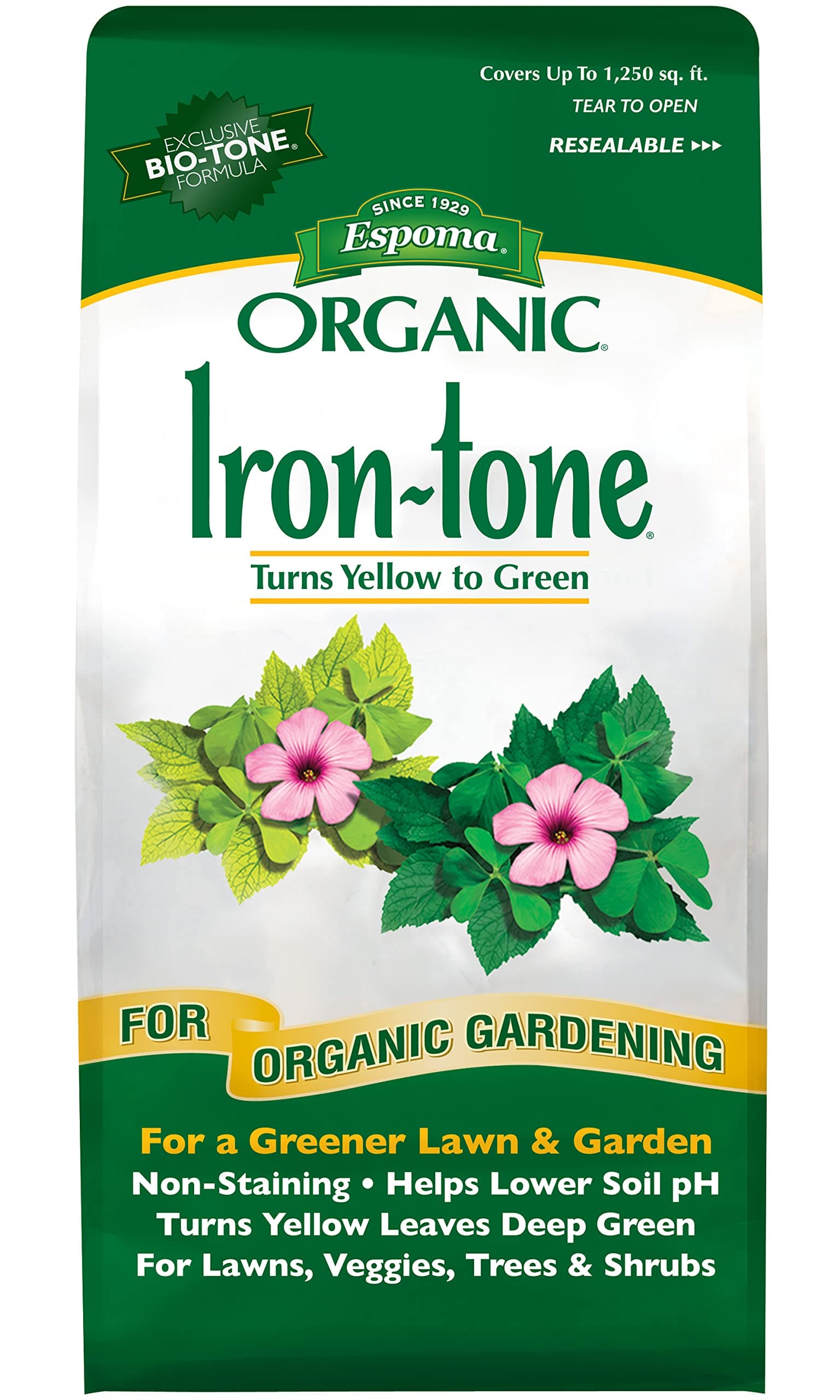 Organic Iron-Tone 3-0-3 Organic Fertilizer and Plant Food to Help Correct Iron Deficiency (Chlorosis). 5 lb. Bag. Turns Yellow to Green, Non Staining Iron