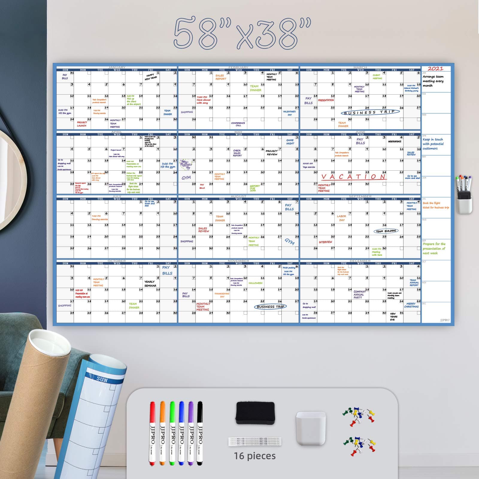 2025 Large Dry Erase Wall Calendar - 58"x38" - Blank Undated Yearly Calendar - Whiteboard Premium Laminated Planner - Reusable Laminated Office Jumbo 12 Months Calendar