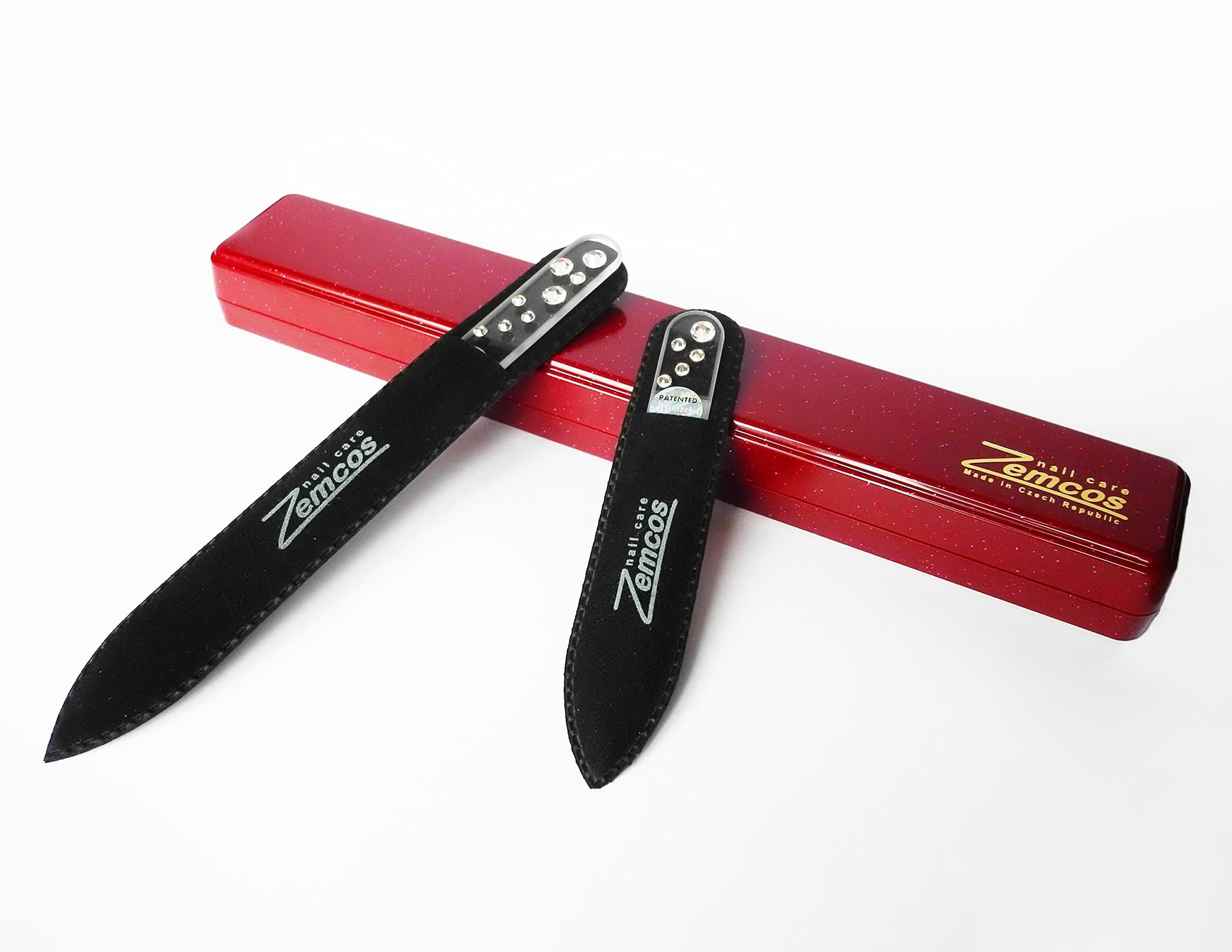 Zemcos Crystal Glass Nail File – Premium Nailing Filing set of 2 pcs with Carrying case – Luxury Manicure kit with Swarovski Crystals