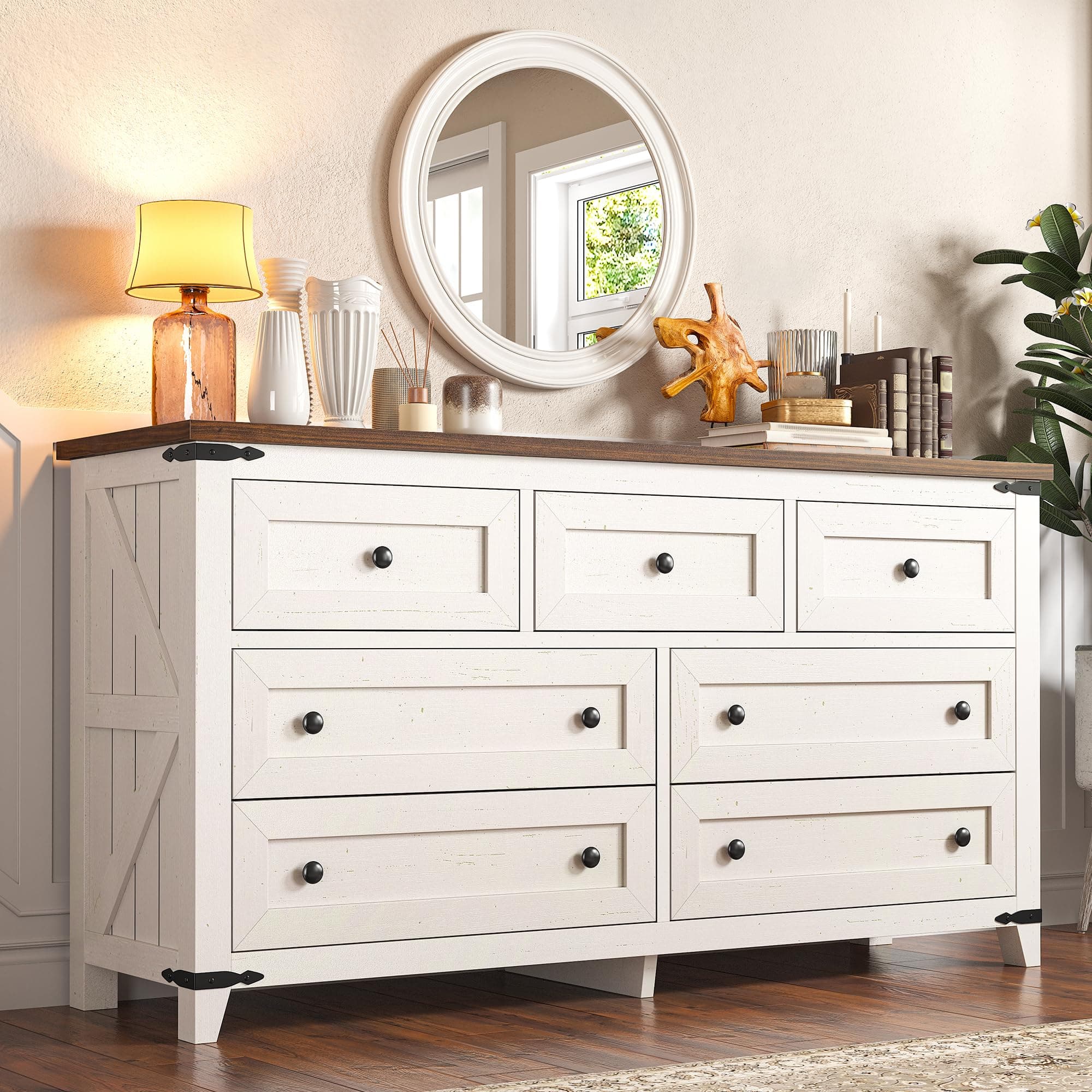 Dresser for Bedroom with 7 Drawers White Dresser with Smooth Metal Rail TV Stand for Bedroom, Hallway, 15" D x 51.2" W x 31.5" H, Antique White