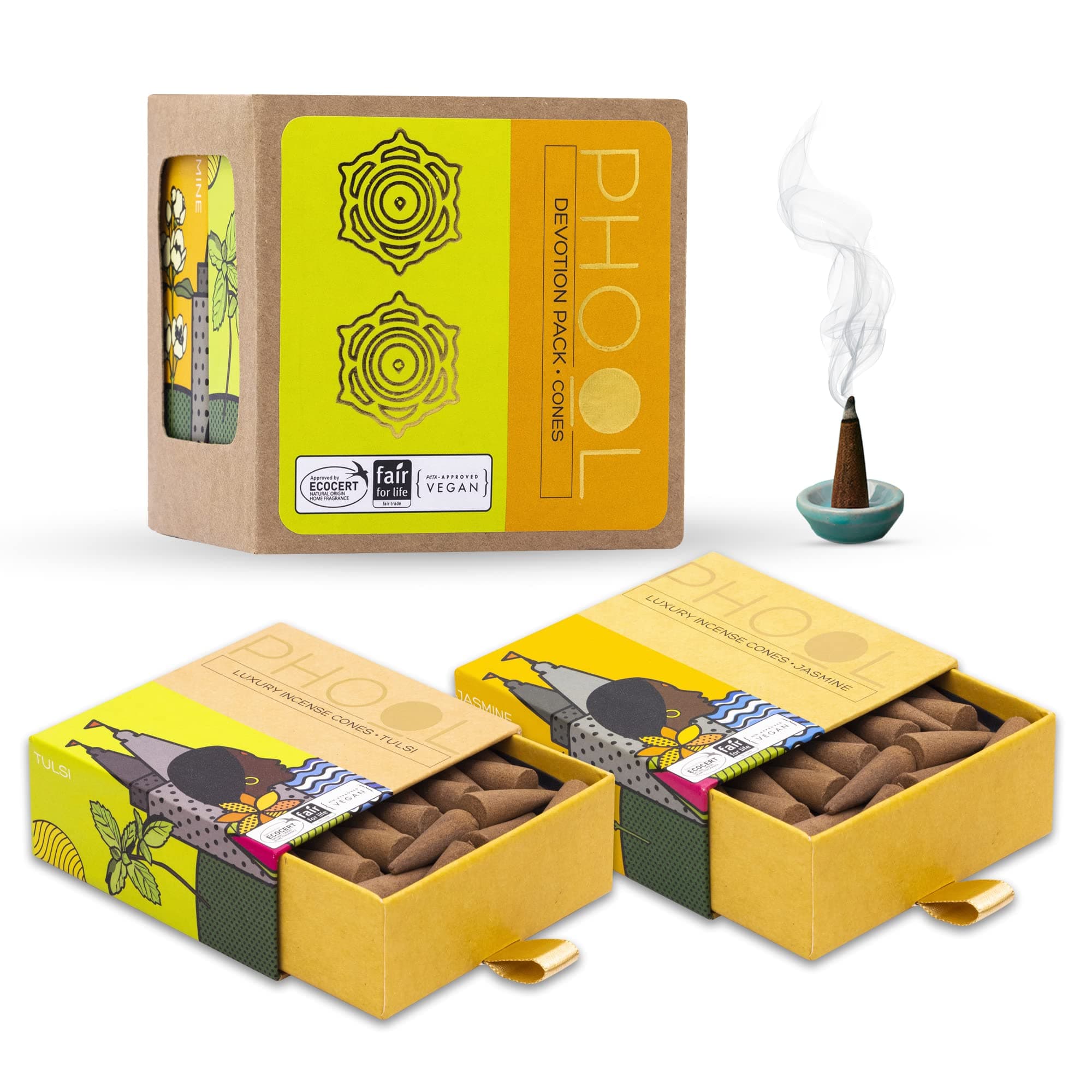 Pack of 2 Natural Incense Cones,Phool Devotion Pack(80 Organic Cones |2 Fragrances:Tulsi & Jasmine)+1 Free Ceramic Holder | Handrolled | Sulpher and Charcoal Free |100% Organic & Natural(500 GMS)