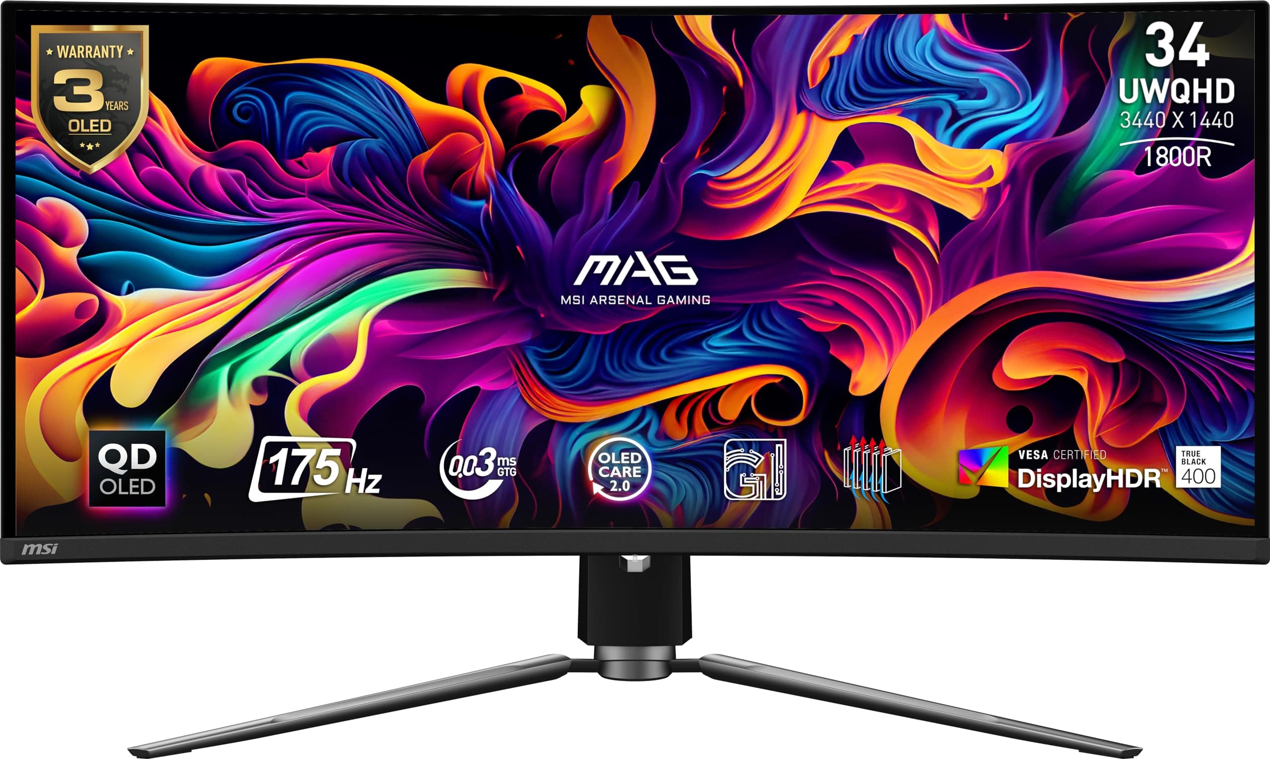 MAG 341CQP QD-OLED, 34 Curved OLED Gaming Monitor, 3440 x 1440 (UWQHD), 0.03ms Response time, 175Hz, True Black HDR 400, HDMI, DP Port, USB Type C, Tilt, Height, Black