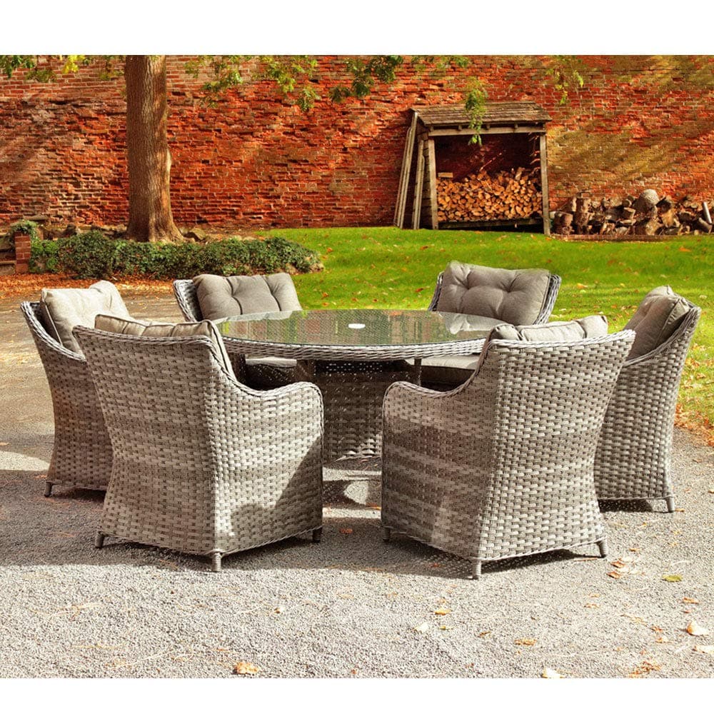 Liv Outdoors - Heritage Rod Weave 6 Seat Round Rattan Dining Set Optional Parasol (Grey)