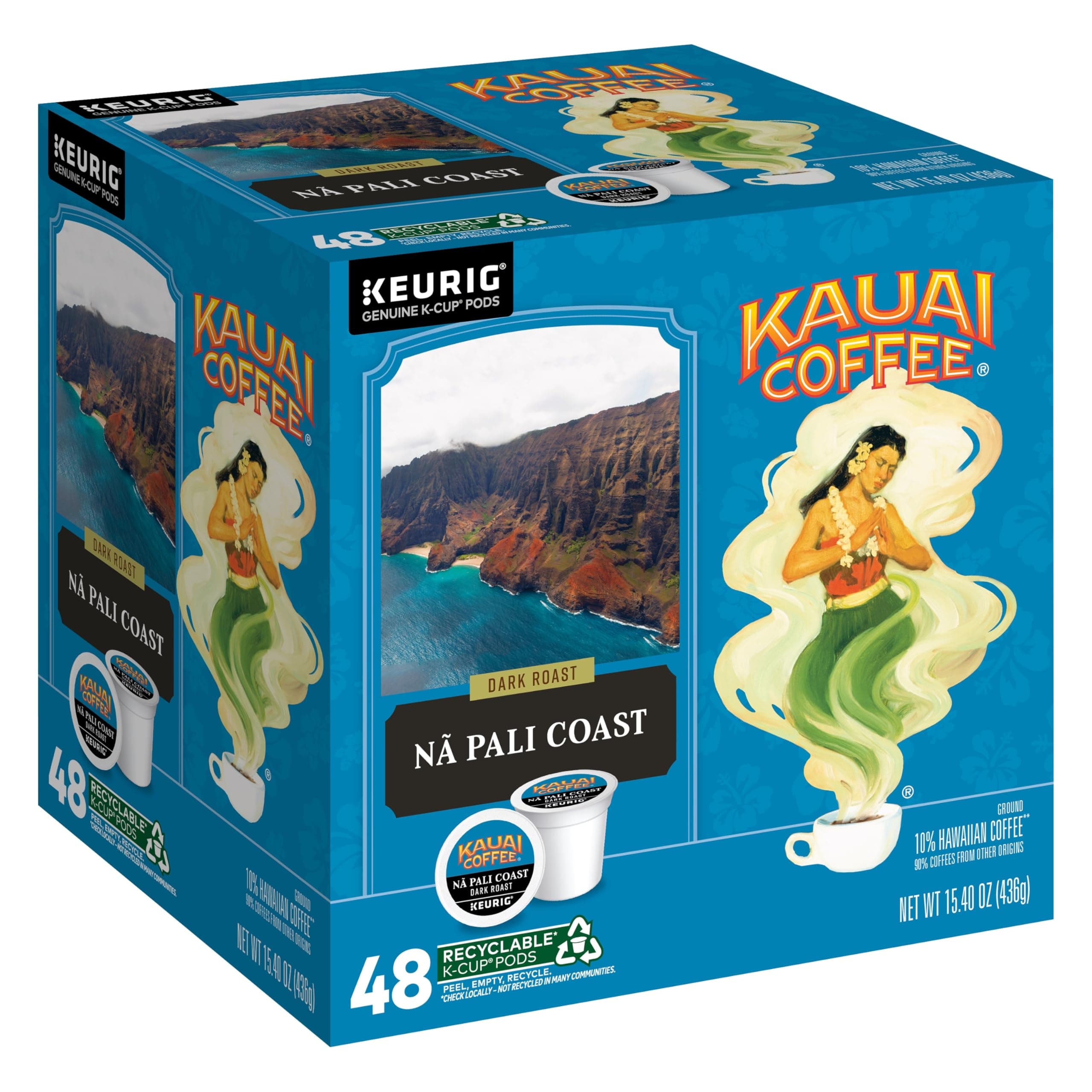Kauai CoffeeK-Cup Pods for Keurig Brewers – Arabica Coffee, 10% Hawaiian – Dark Roast, Nutty with Sweet Chocolate Overtones – Na Pali Coast, 1 Pack of 48 Single Serve K-Cups
