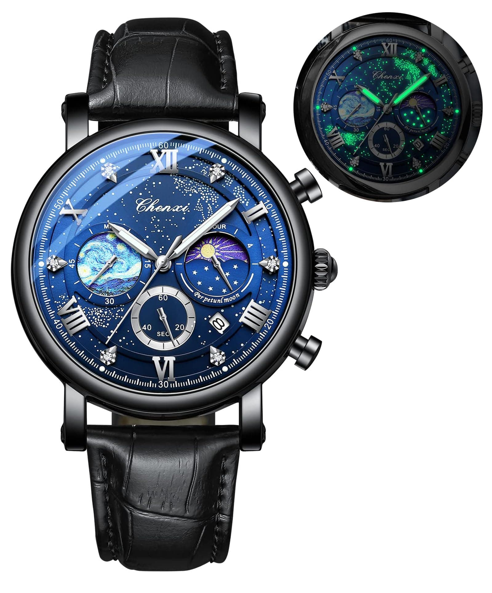 Men's Classic Multifunctional Military Sports Analog Watch Business Dress Waterproof Luminous Chronograph Starry Sky Moon Phase Leather Wristwatch