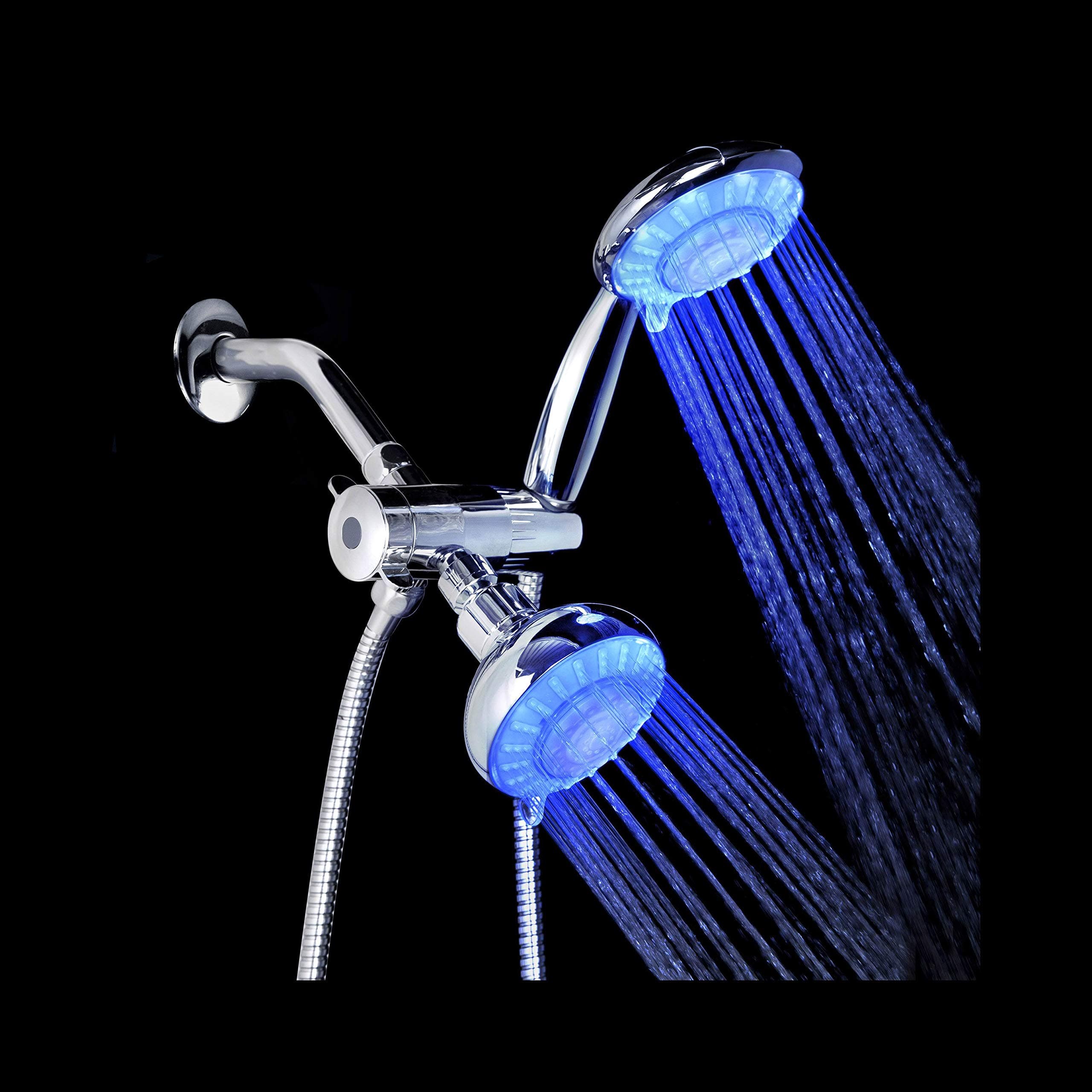 LSS5430CCP 4 Inch 5 Multi-Function Blue LED Light Dual Shower Head Combo Shower System with BRASS connector & 5-ft Stainless Steel Shower Hose - Premium Chrome
