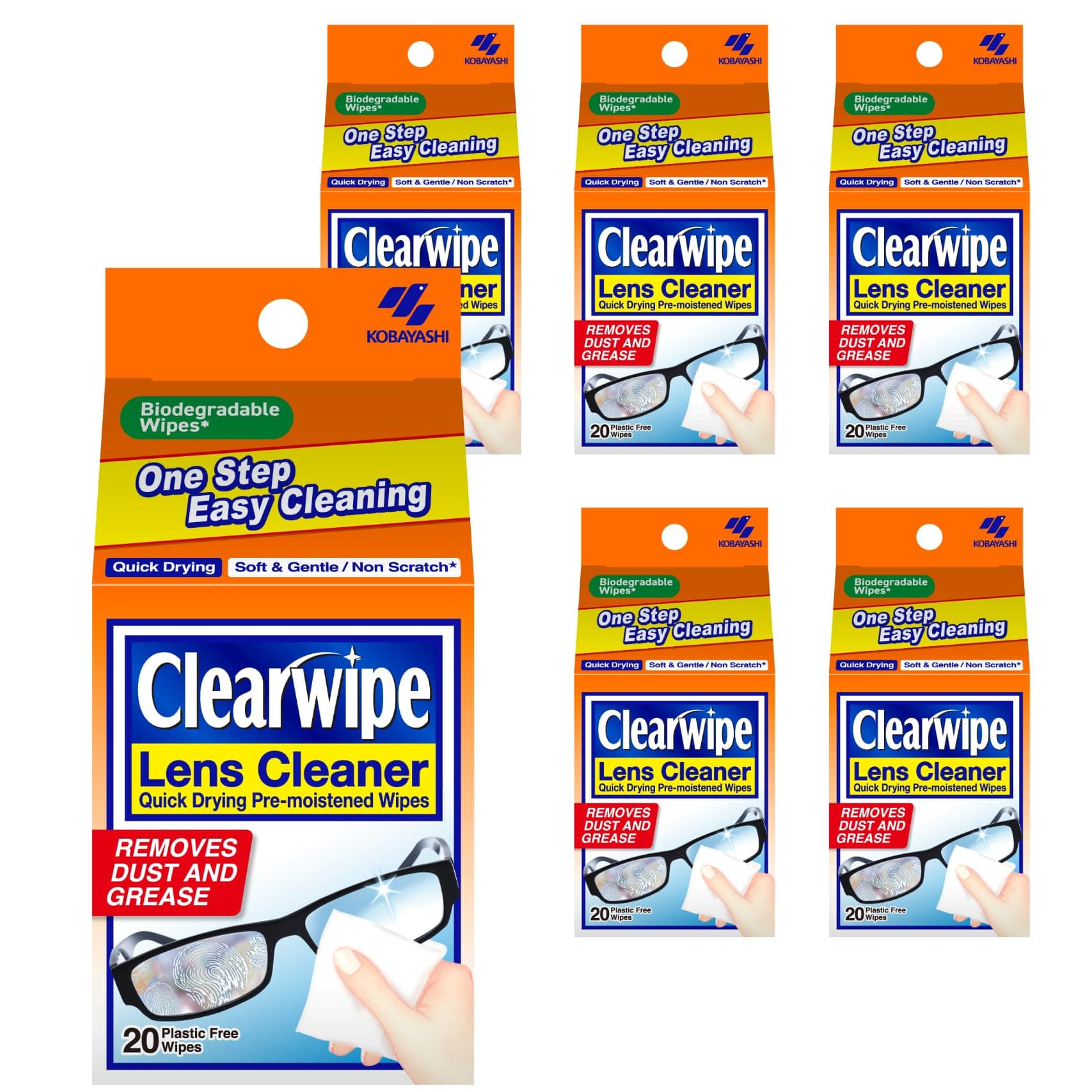 Clearwipe Lens Cleaner 6x pack of 20 Lens Wipes, Biodegradable Wipe, Individually Wrapped, for Glasses, Sunglasses, Smartphones, Screens
