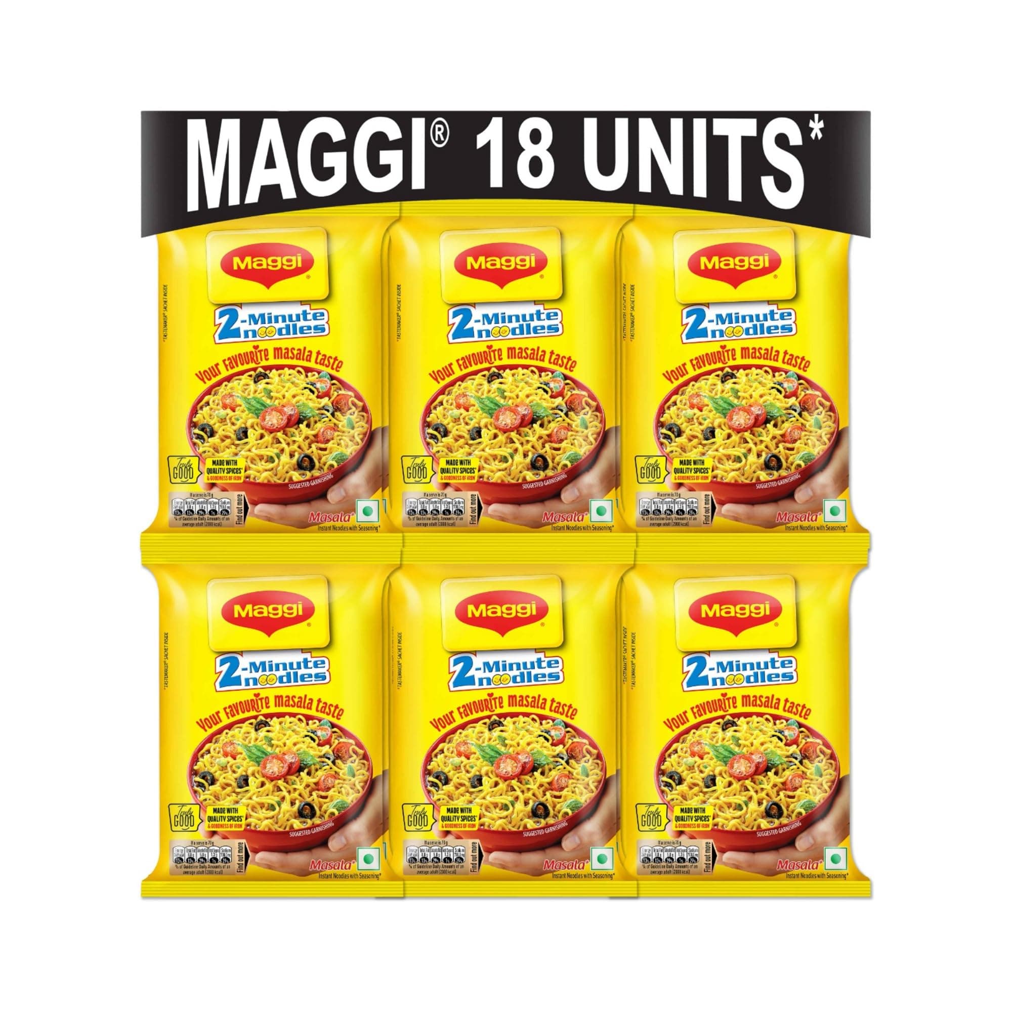 2-Minute Instant Noodles, Masala Noodles With Goodness Of Iron, Made With Choicest Quality Spices, Favourite Masala Taste, 1.26kg Pouch (Pack of 18, 70 g each)