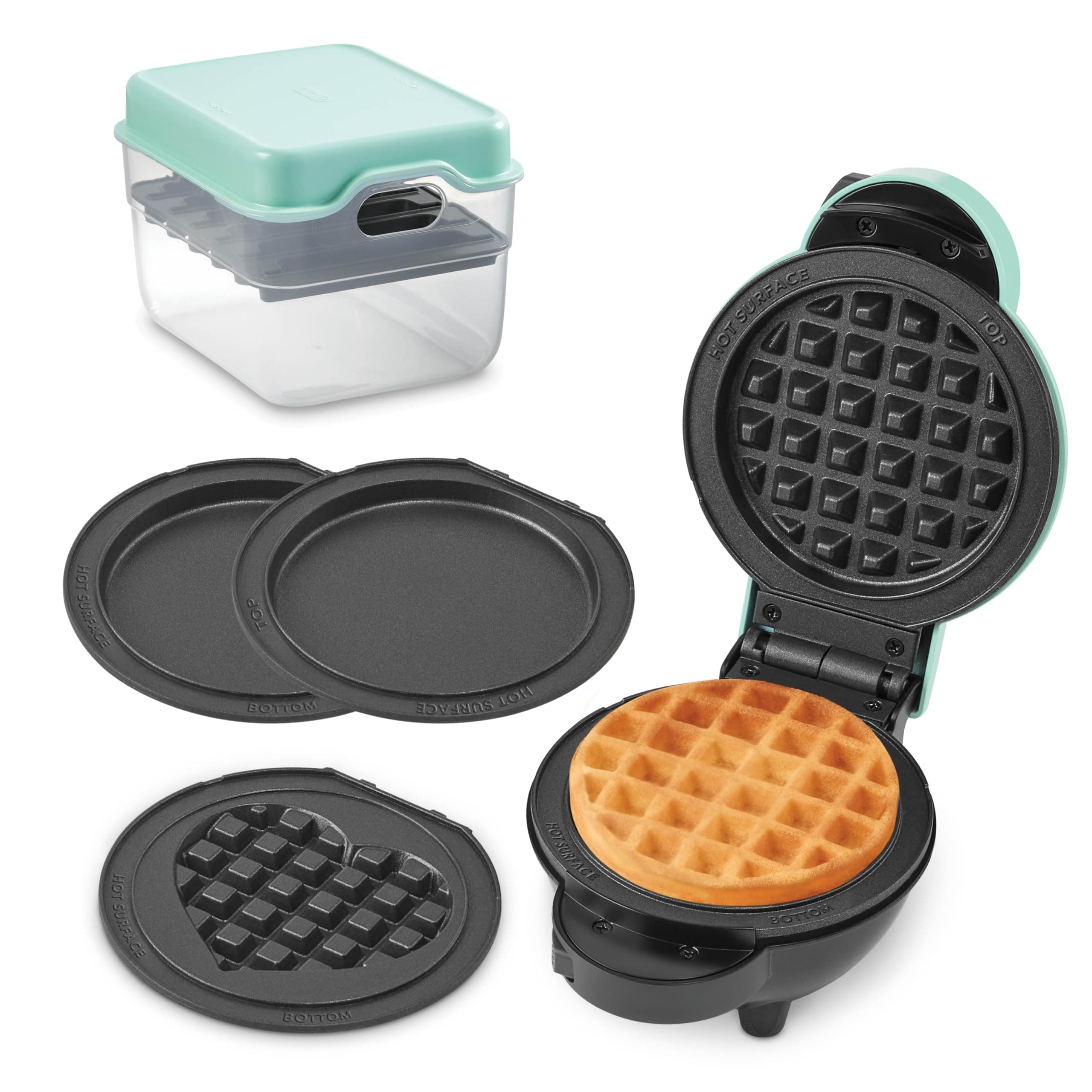 Multi-Plate Mini Maker with 5 Removable Plates for Waffles and Storage Case- Waffle, Heart Waffle, and Griddle Plates