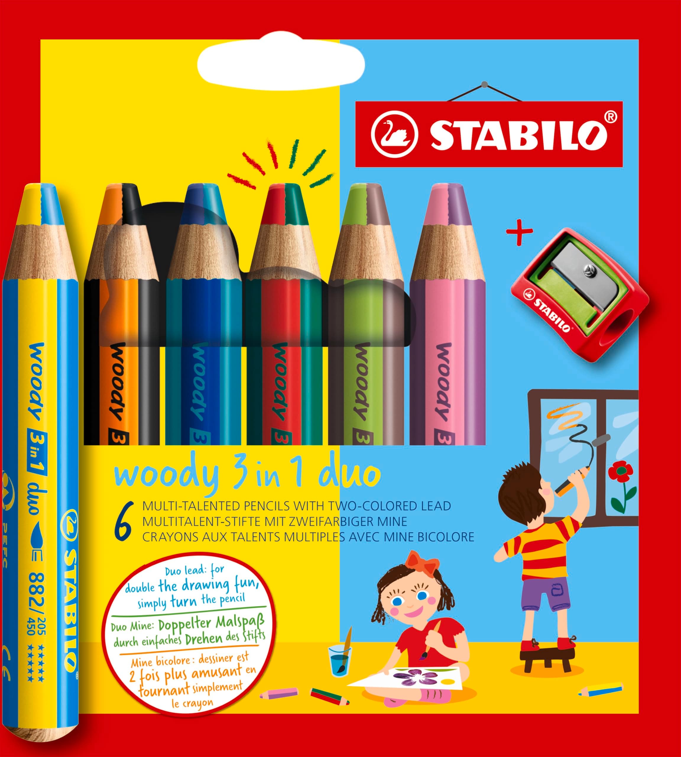 Multi-Talented Pencil woody 3 in 1 duo - Pack of 6 - Assorted Colors with Sharpener
