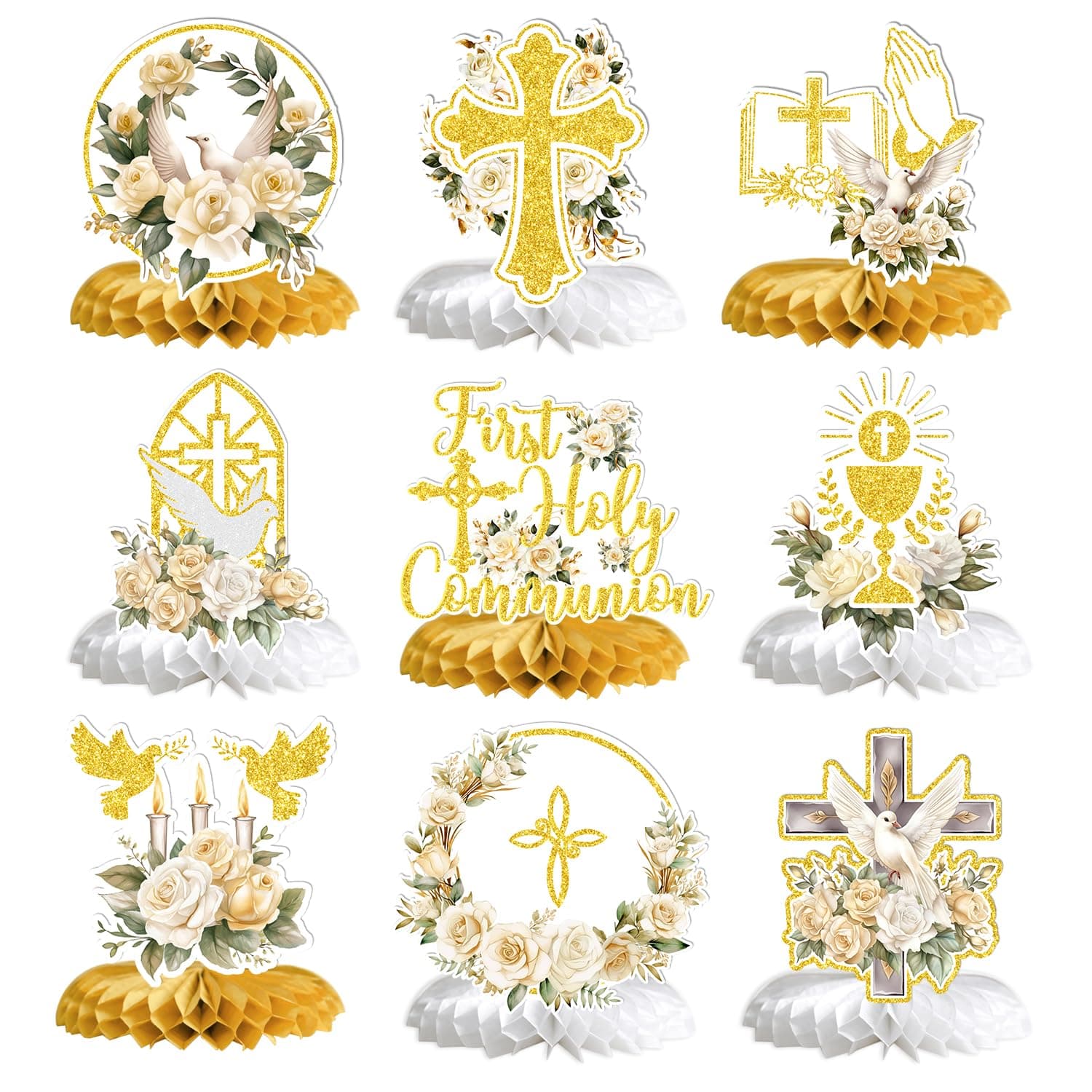 First Holy Communion Honeycomb Centerpieces, Baptism Decorations, God Bless Religious Party Table Decor, First Communion Table Centerpiece, Christening Baby Shower Party Decorations 9PCS