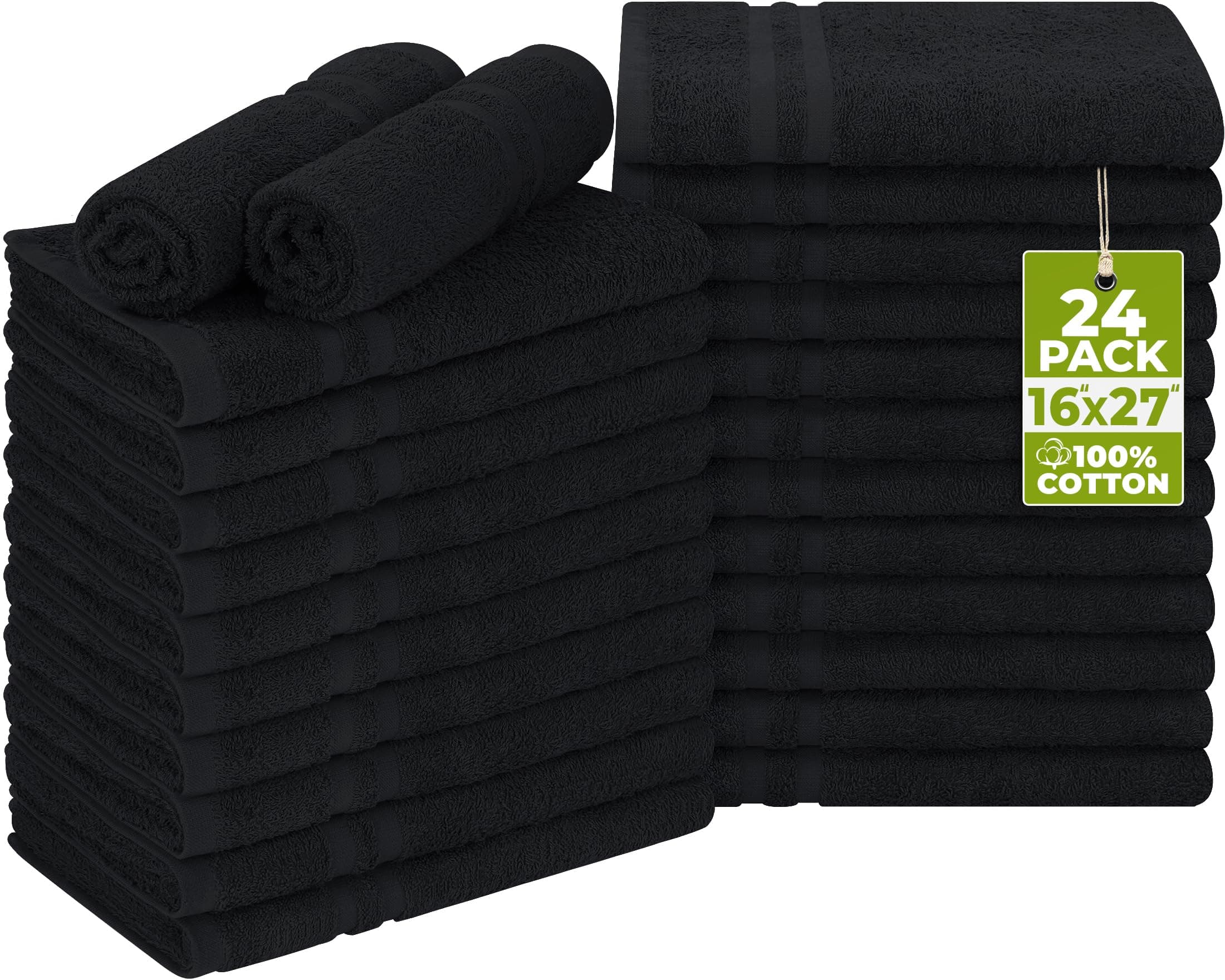 Utopia Towels Cotton Bleach Proof Salon Towel 16 by 27 inches, Bleach Safe Gym 100% Cotton Hand Towel, 24 Pack, Black