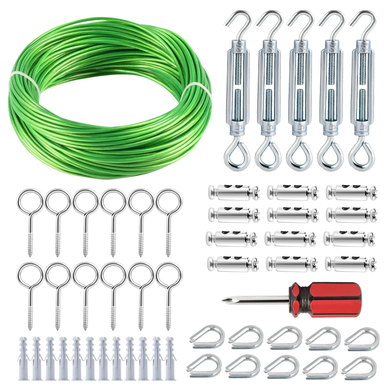 1/8" Clothesline Wire, Turnbuckles for Cables Wires Green PVC Coated Cable Kit, Multi-use Wire Rope for Clothes Line Cable for T Post/Grape Vine/String Light Hanging Kit