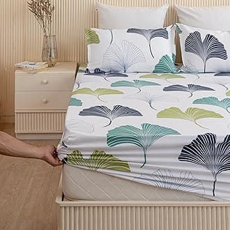 HOMEMONDE 100% Cotton Fitted Bed Sheet for King Size Bed, Ginkgo Leaf Printed All Around Elastic Bedsheet (78 x 78 Inch) with 2 Pillow Cover | Perfect for Home Decor & Gifting