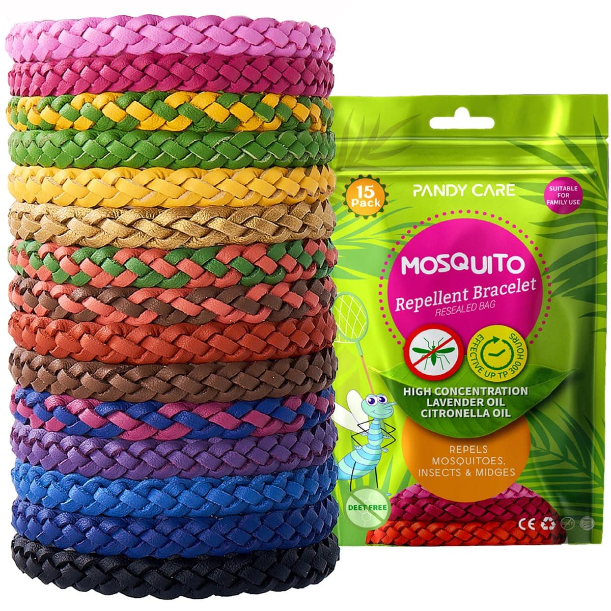 Mosquito Repellent Bracelet 15 Pack, PandyCare Mosquito Bands for Adults, Kids & Babies - Premium Quality, DEET-Free Natural Wristbands, Protection Insects up to 300 Hours