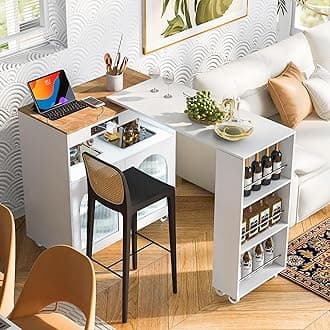 LUMISOL Kitchen Island with Extended Table, Rolling Kitchen Cart with Storage Cabinet and 3 Open Shelves, Side Table with Power Outlets and LED Lights, for Dining Room, White