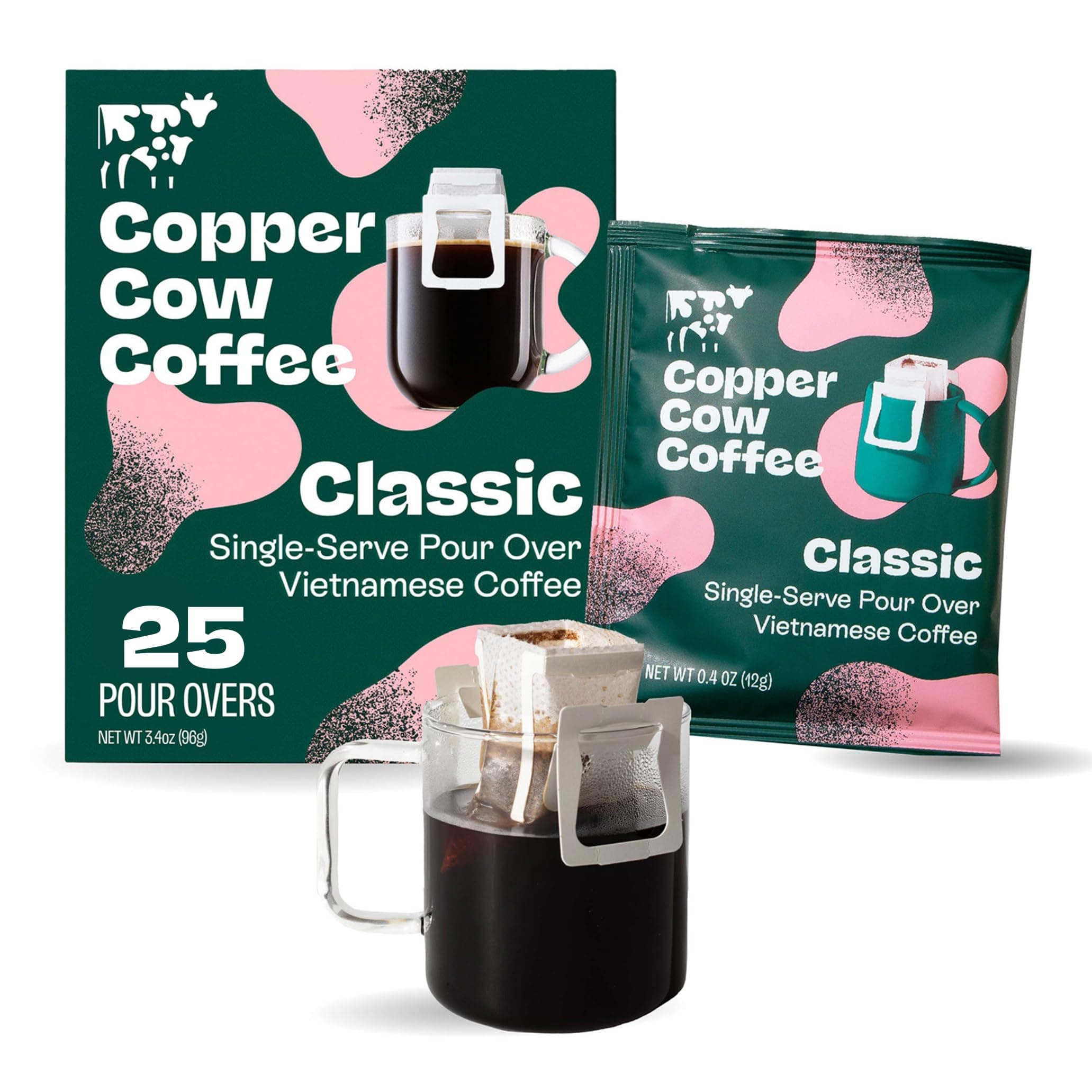 Copper Cow Coffee Premium Pour Over Single-Serve Vietnamese Coffee Pouches (25 pack) | Classic Black | Dark Roast | Convenient Vietnamese Ground Coffee Packets, Travel Friendly