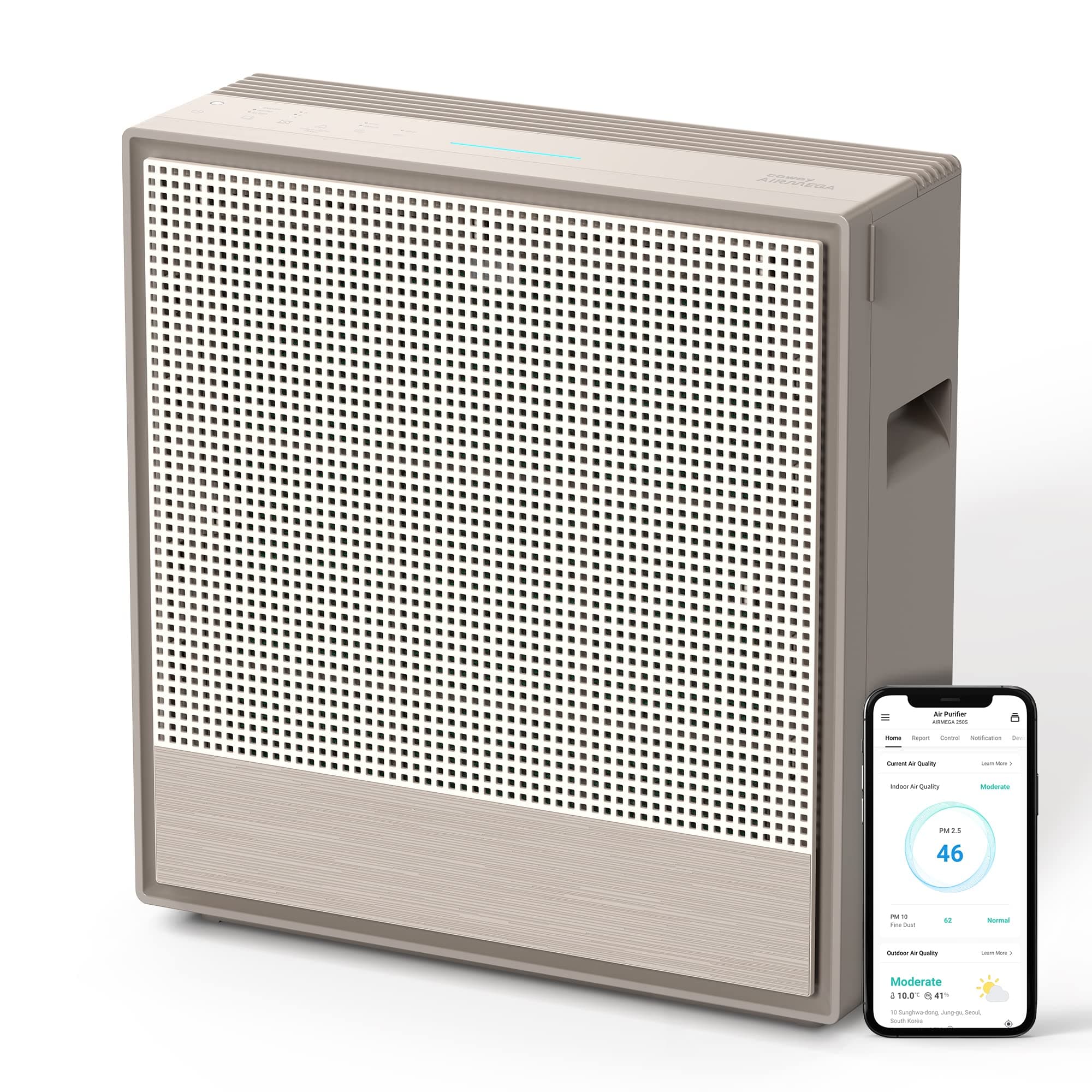COWAY Airmega 250S App-Enabled Smart Technology, Compatible With Alexa True HEPA Air Purifier, Covers 930 Sq.ft, Warm Gray