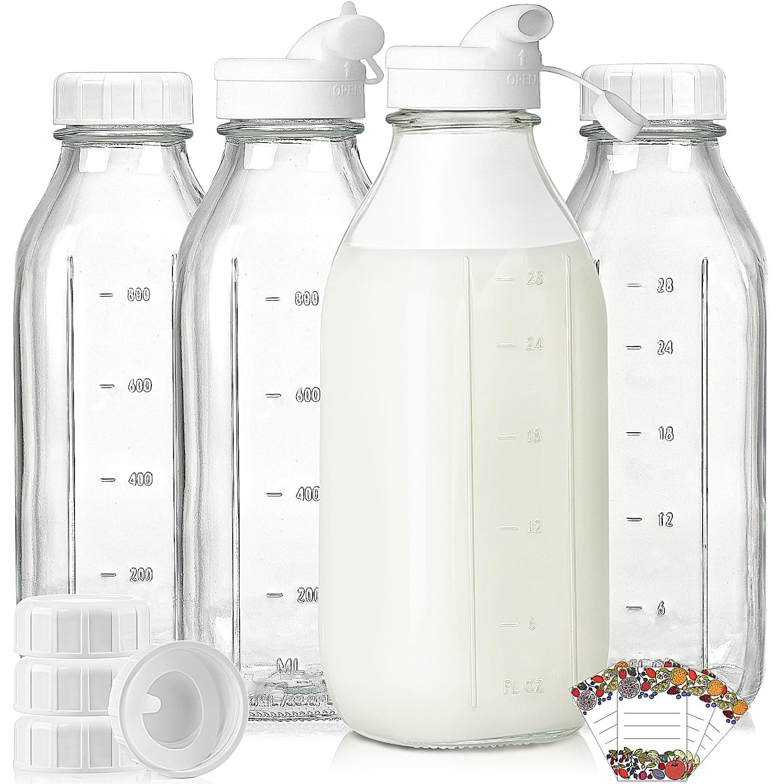 Syntic Liter Glass Milk Bottles w Scale, 100% Airtight Heavy Duty Screw Lid - 4 Pack 32 Oz Drinking Jars w Lids - Glass Bottles for Milk, Honey, Jam - Dishwasher Safe(Extra 2 Lids and Stickers)