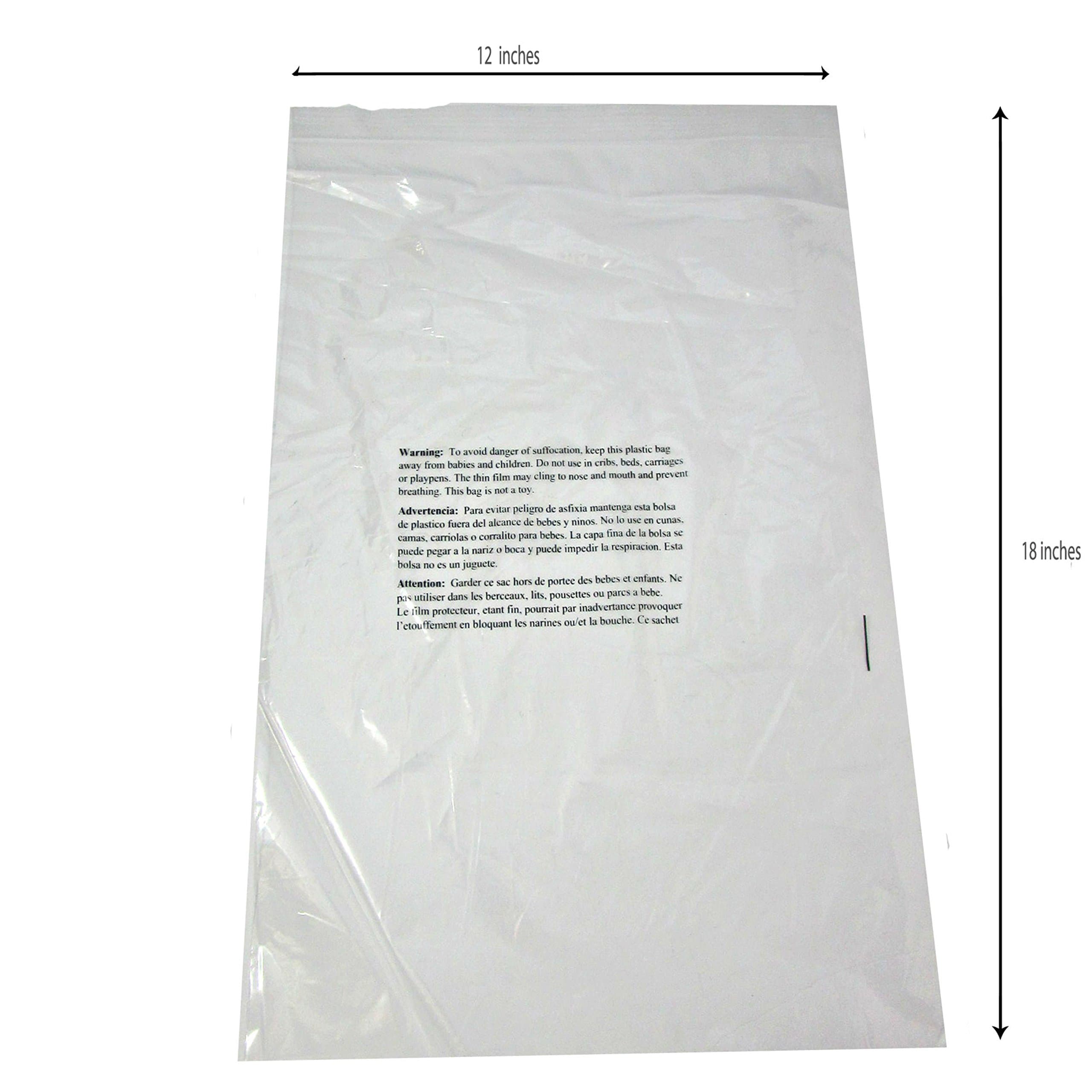 100 Resealable Clear Poly Bags 12 x 18 w/Suffocation Warning in 3 Languages 2 Mil