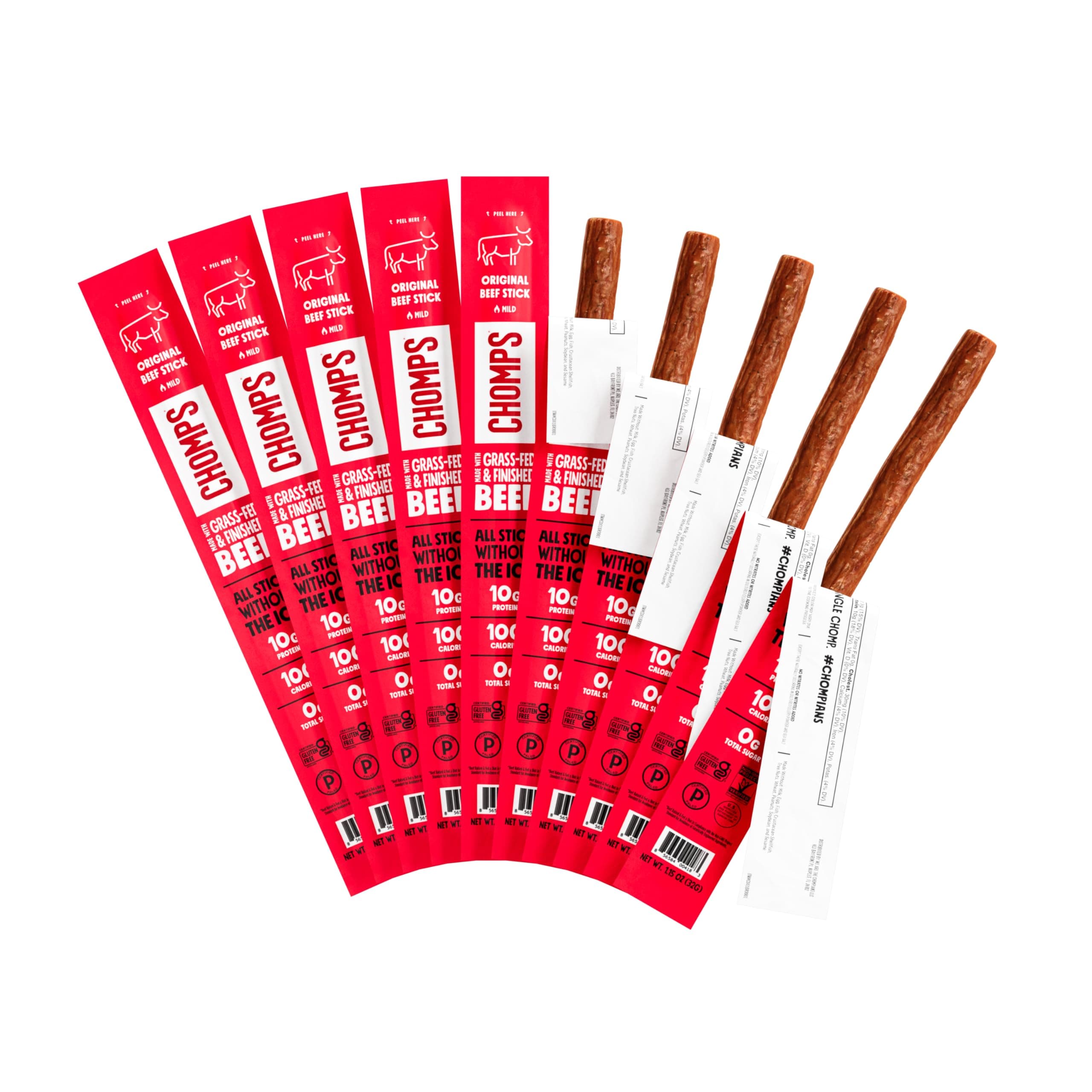 Grass Fed Beef Jerky Snack Sticks, Keto & Paleo Friendly, Whole30 Approved, Non-GMO, Gluten & Sugar Free, 100 Calorie Snacks, 1.15 Oz Meat Stick, Pack of 10