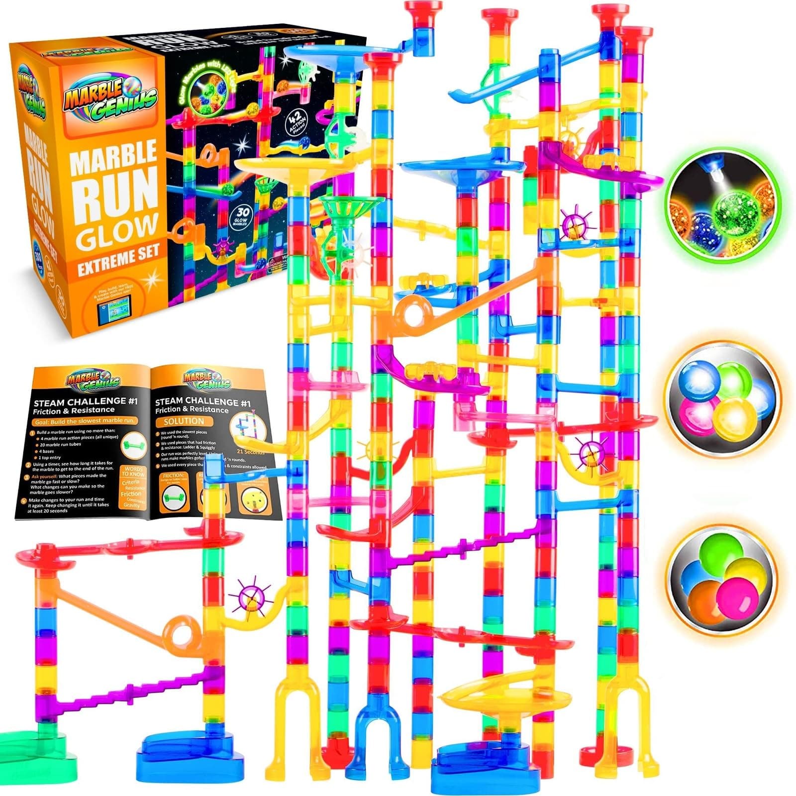 Marble Run Race Track - 300-Piece Multicolor Glow Extreme Set - STEM Building Toy & Marble Race Set for Kids Ages 4+