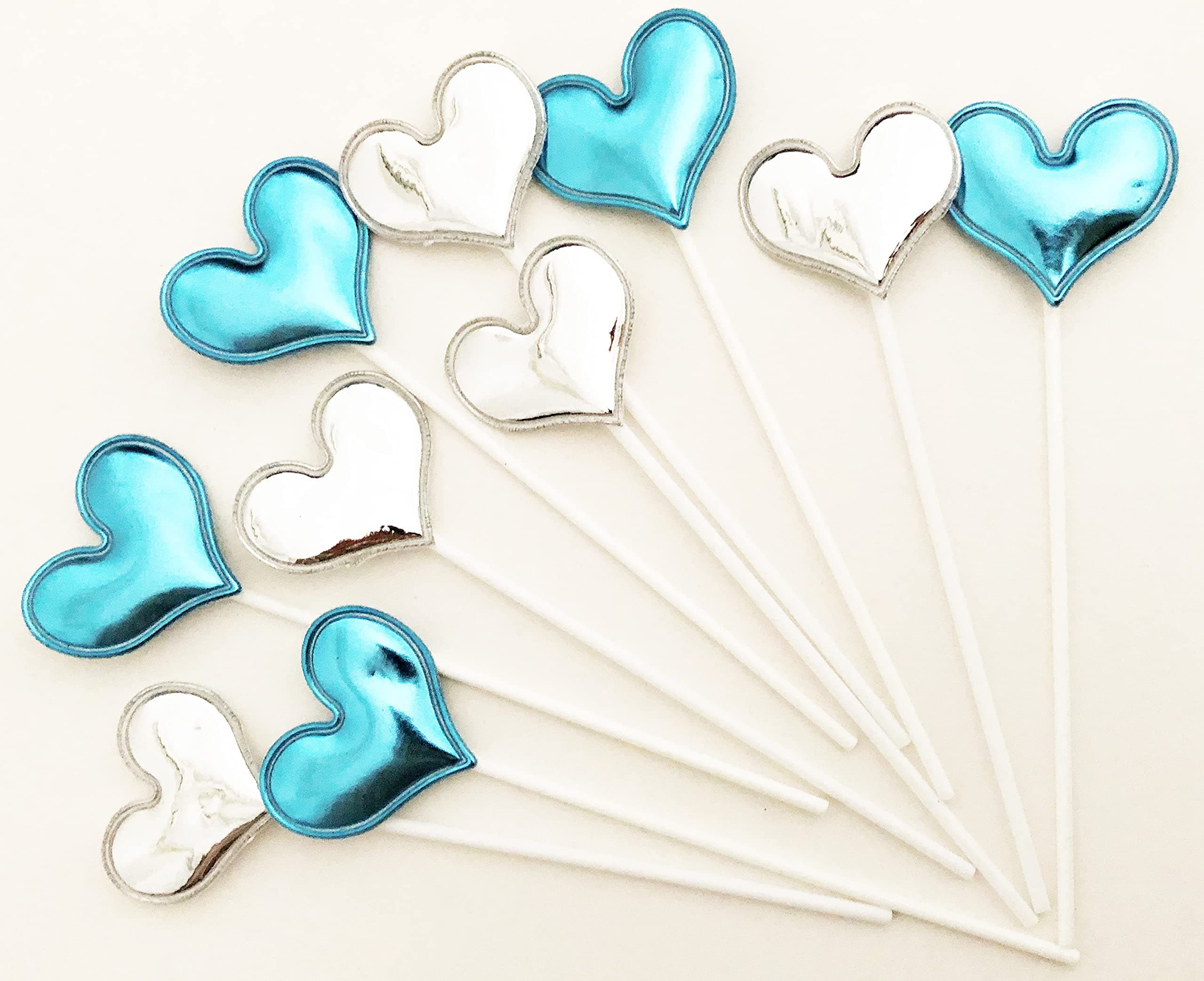 AILEXIHandmade 10 Counts Glitter Cake Decorating Toppers for cake cupcake and icecream - 5 Light Blue and 5 Silver Hearts