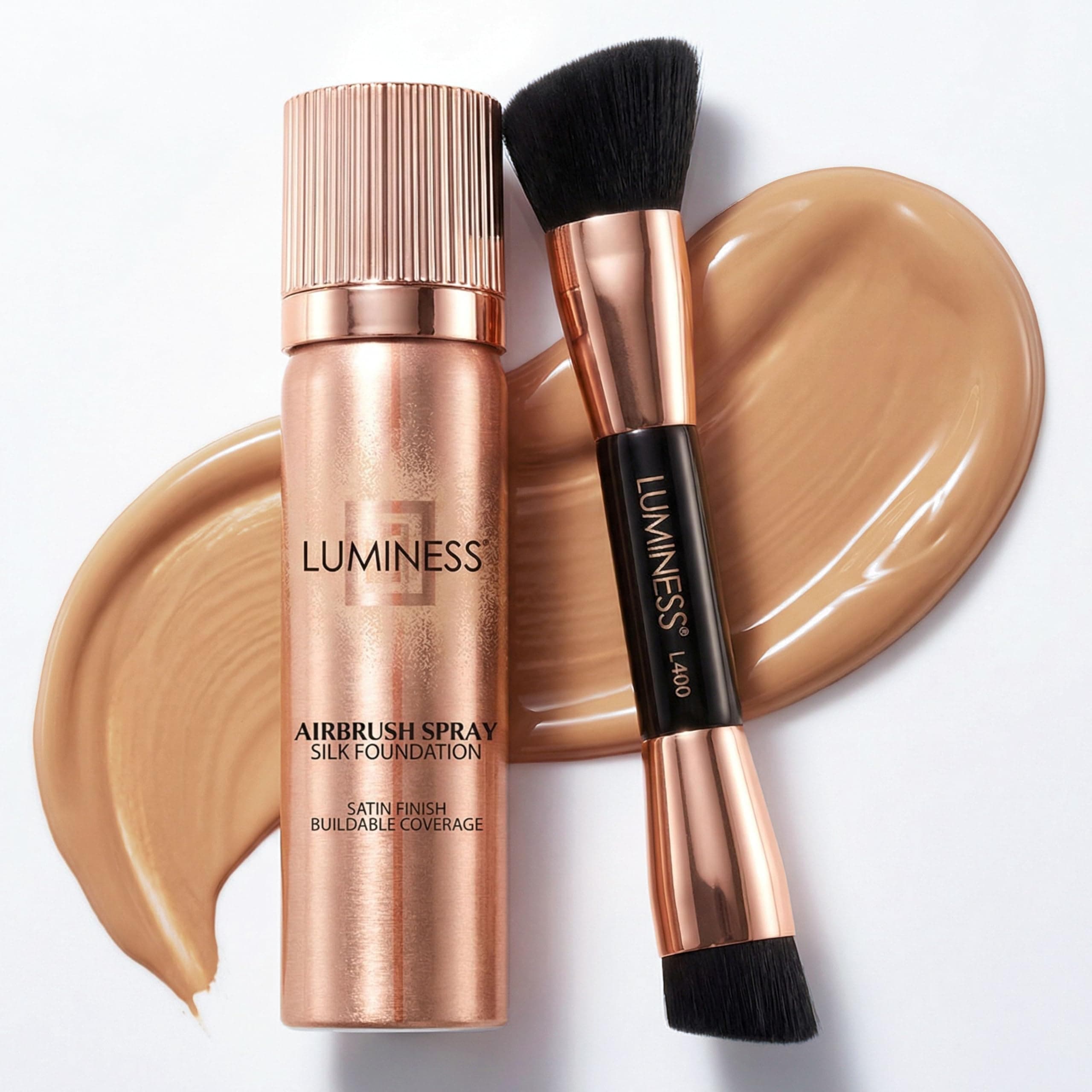 LUMINESS Silk Airbrush Spray Foundation & Buffing Brush Kit – Full Coverage Foundation & Dual-Sided Buffing Brush - Buildable Coverage, Anti-Aging Formula Hydrates & Moisturizes (Shade - Light Warm)