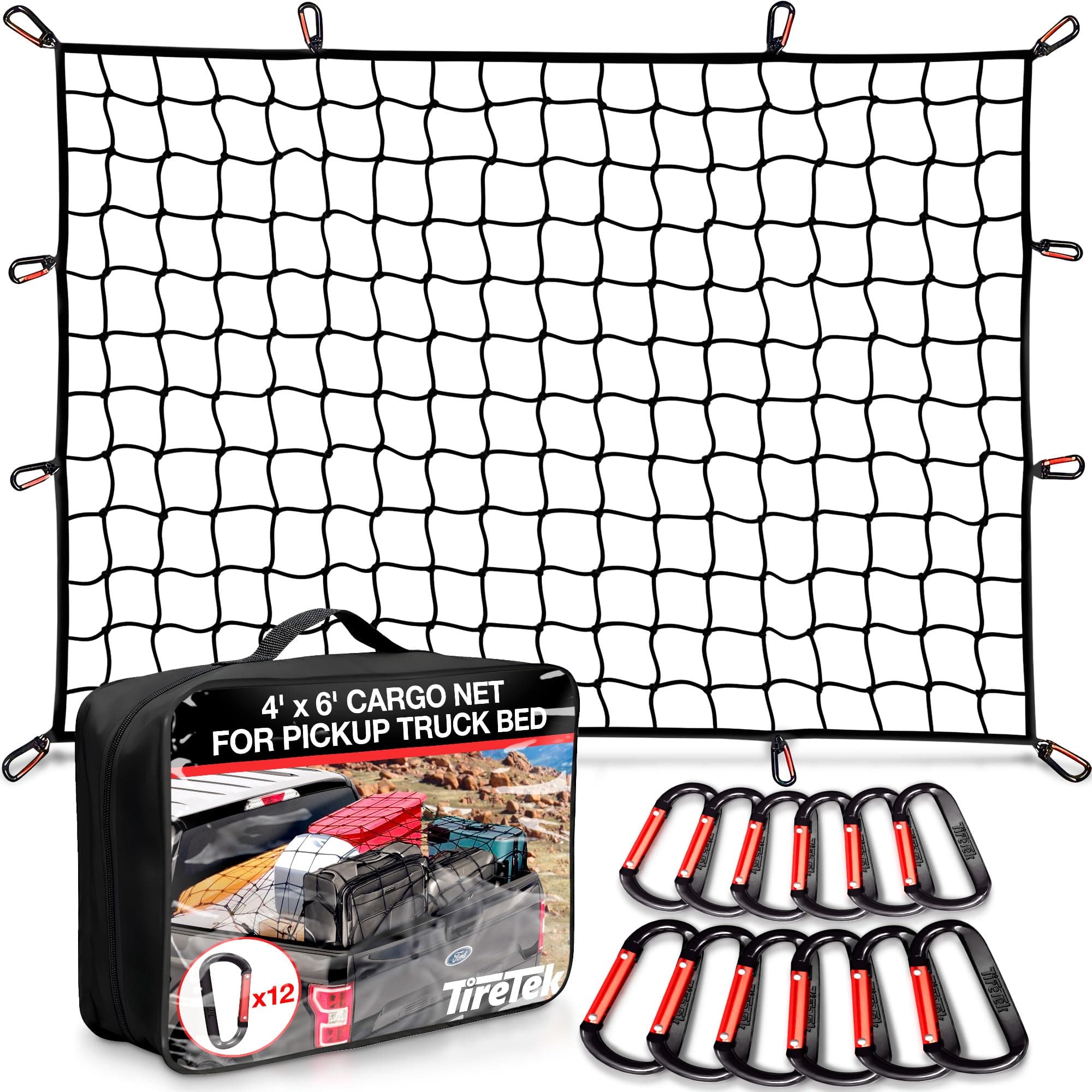 Cargo Net for Pickup Truck Bed (4'x6' Stretches to 8'x12') Double Thick Heavy Duty Pickup Truck Bed Organizer Accessories - 12 Metal Carabiners, Bungee Mesh Accessory with Strap Hooks