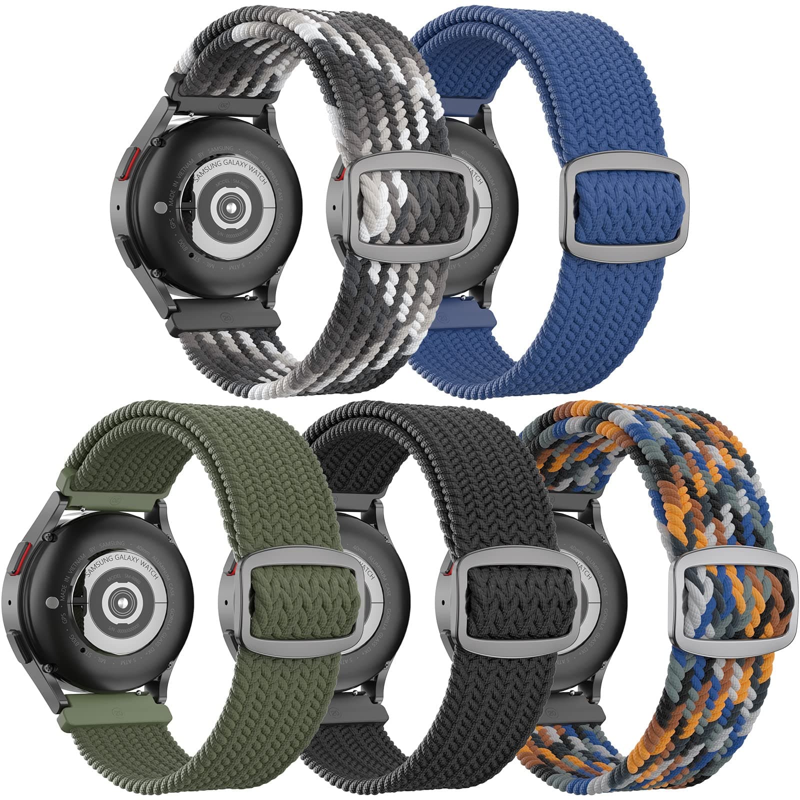 5 Packs Braided Band Compatible with Samsung Galaxy Watch 7/FE/6/5/4 Band 40mm 44mm/Active 2/Active, 20mm Nylon Elastic Sport Bands for Women Men