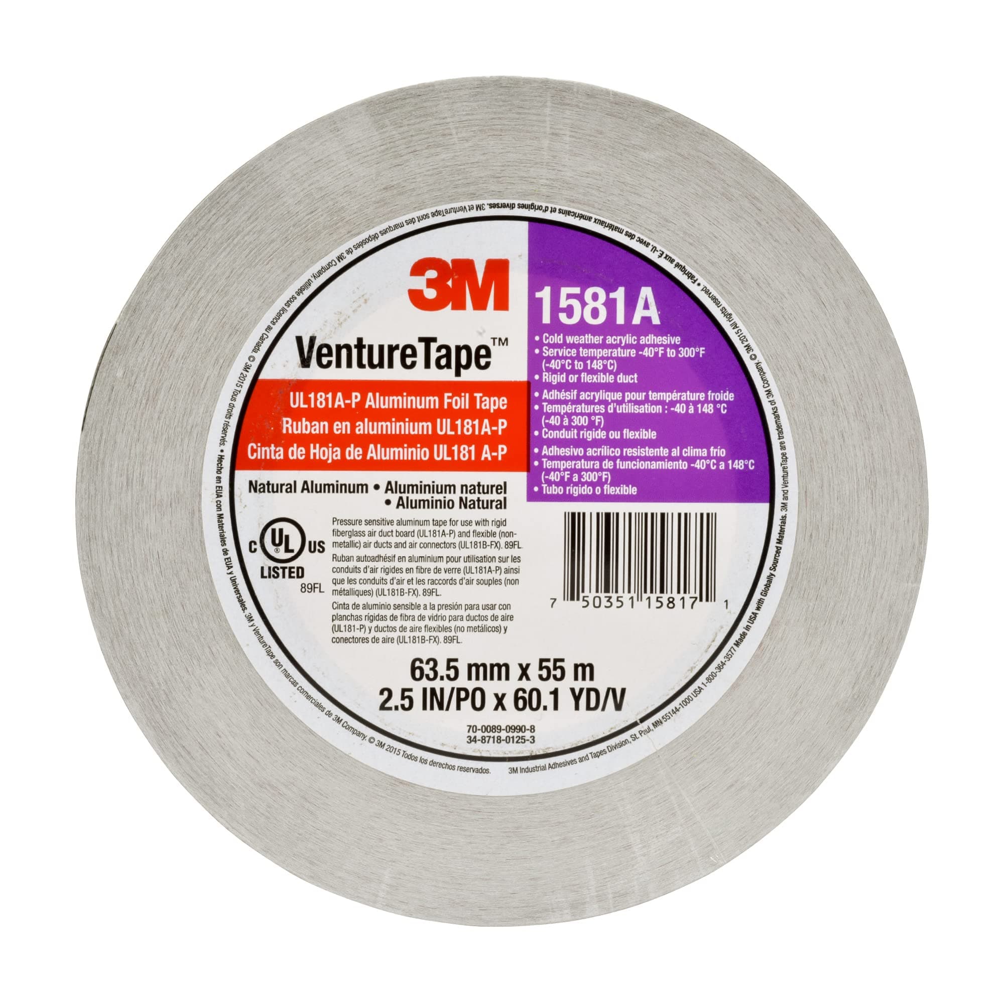 3MVenture Tape UL181A-P Aluminum Foil Tape 1581A, Rigid and Flexible Duct Seaming, Durable, Cold Weather Adhesion, 2.5 in x 60 yd, 2 mil