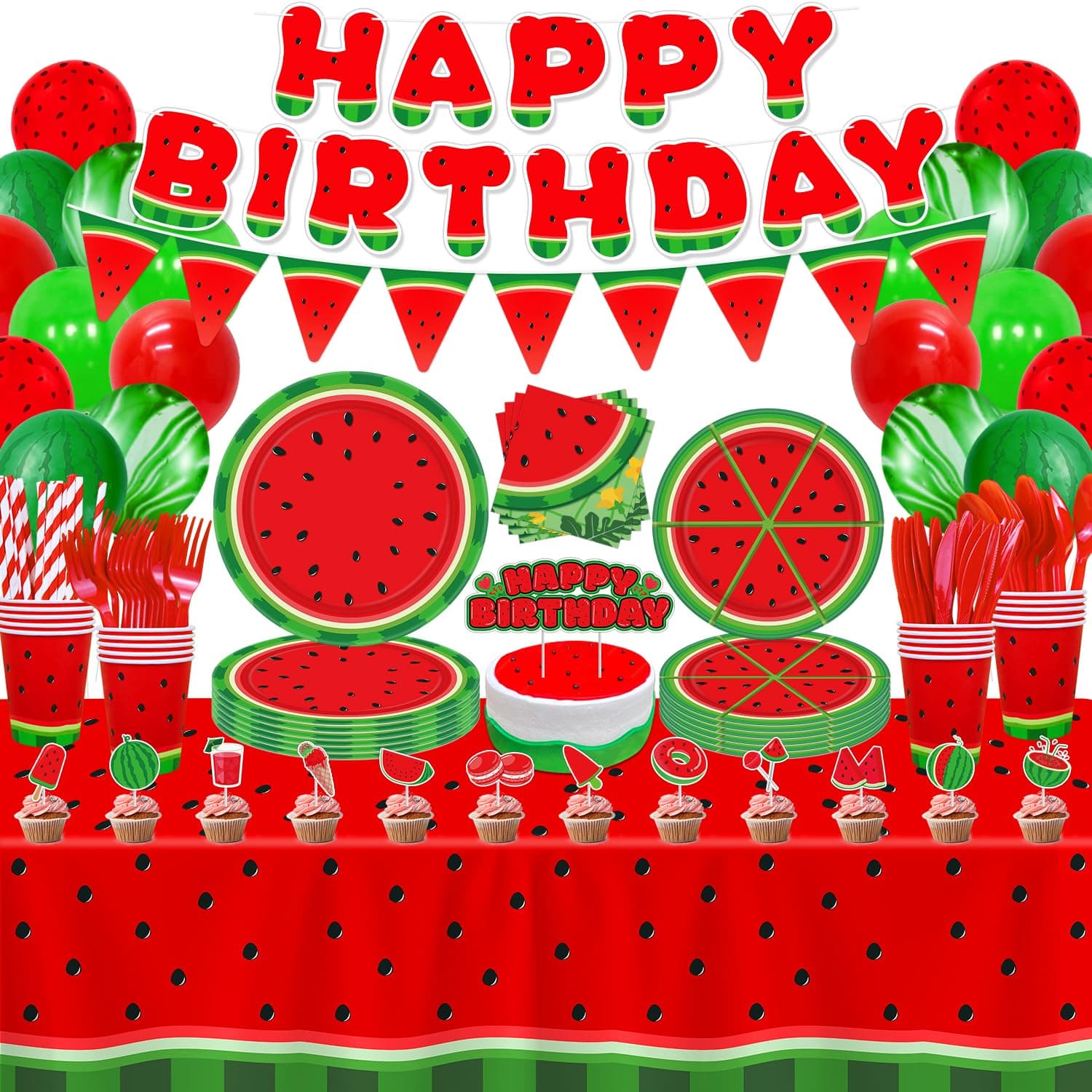 224 Pack Watermelon Party Supplies Watermelon Theme Decor One In A Melon Party Decorations Fruit Tableware Set - Cartoon Melon Plates, Balloons, Banners, Tablecloth, Napkins Serves 20