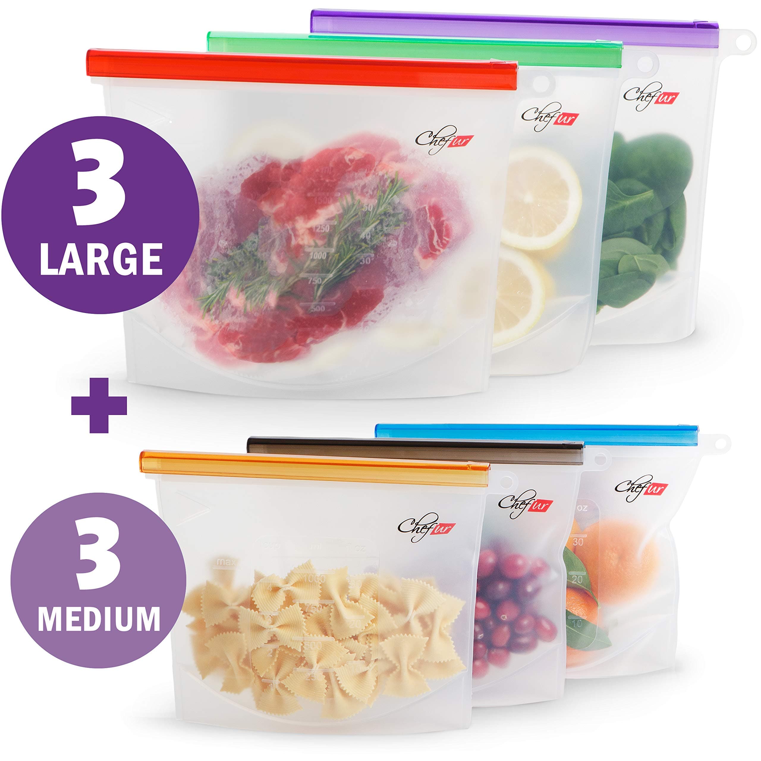 Reusable Silicone Food Bag 6 pack - Sandwich, Sous Vide, Lunch, Snack, Ziplock Airtight Seal Storage, Cooking & Freezer, Eco BPA Free Zip Bags, Plastic Savers, Silicon Containers 3 large + 3 medium
