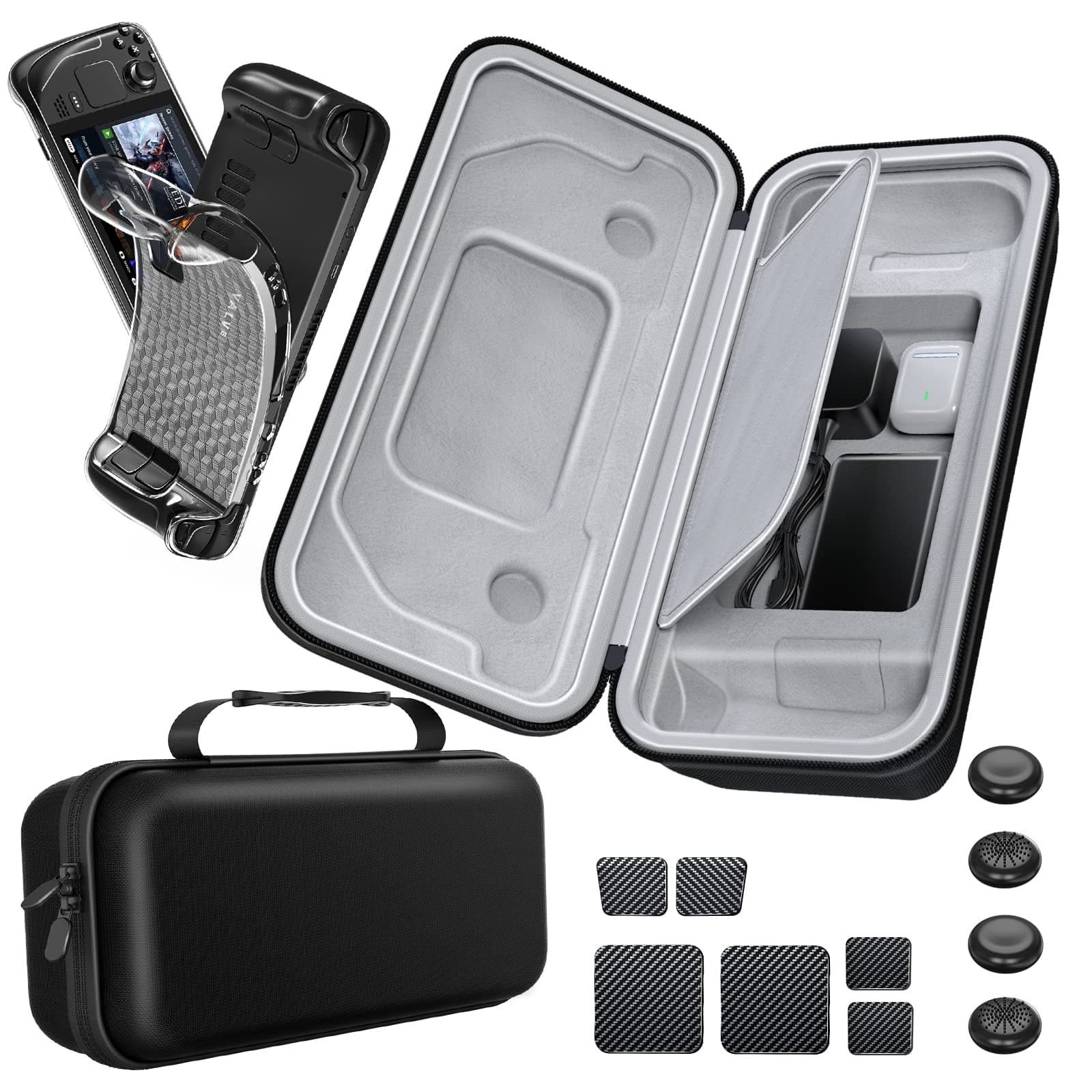 Mooroer Steam Deck Case, Steam Deck Carrying Case, 12 in 1 Steam Deck Accessories Kit with Portable Travel Hard Shell Carry Case, TPU Clear Protective Case, Touch Skin Sticker & Thumb Grips, Black