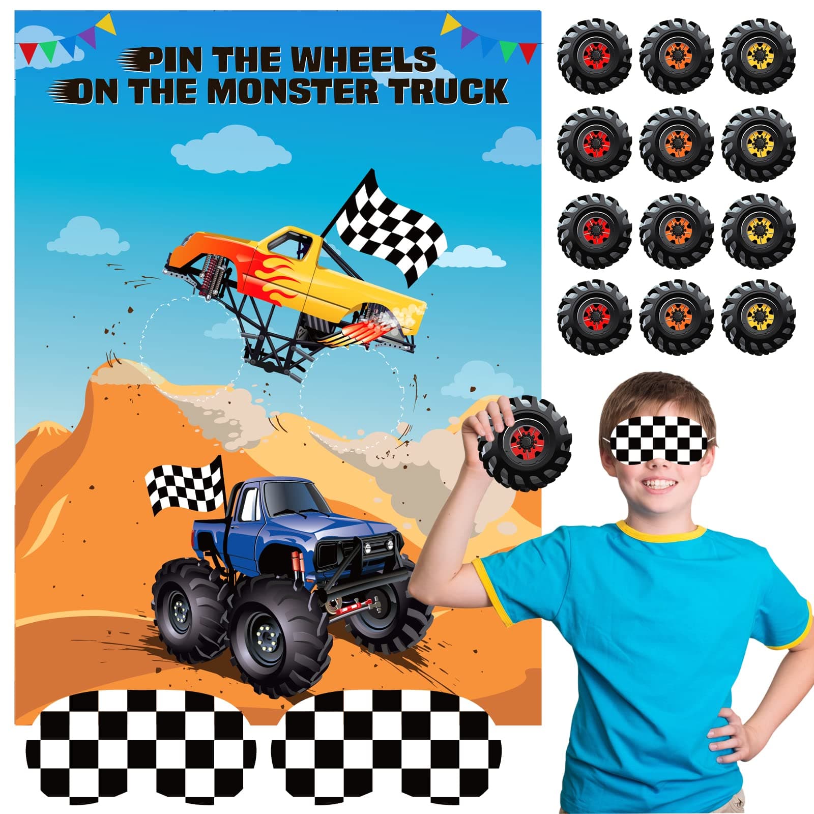 ASTARON Truck Pin The Tail Games with 30 Tyres, Black or Grey or Silver, Paper Material, Pin Games, Monster Truck Party Supplies
