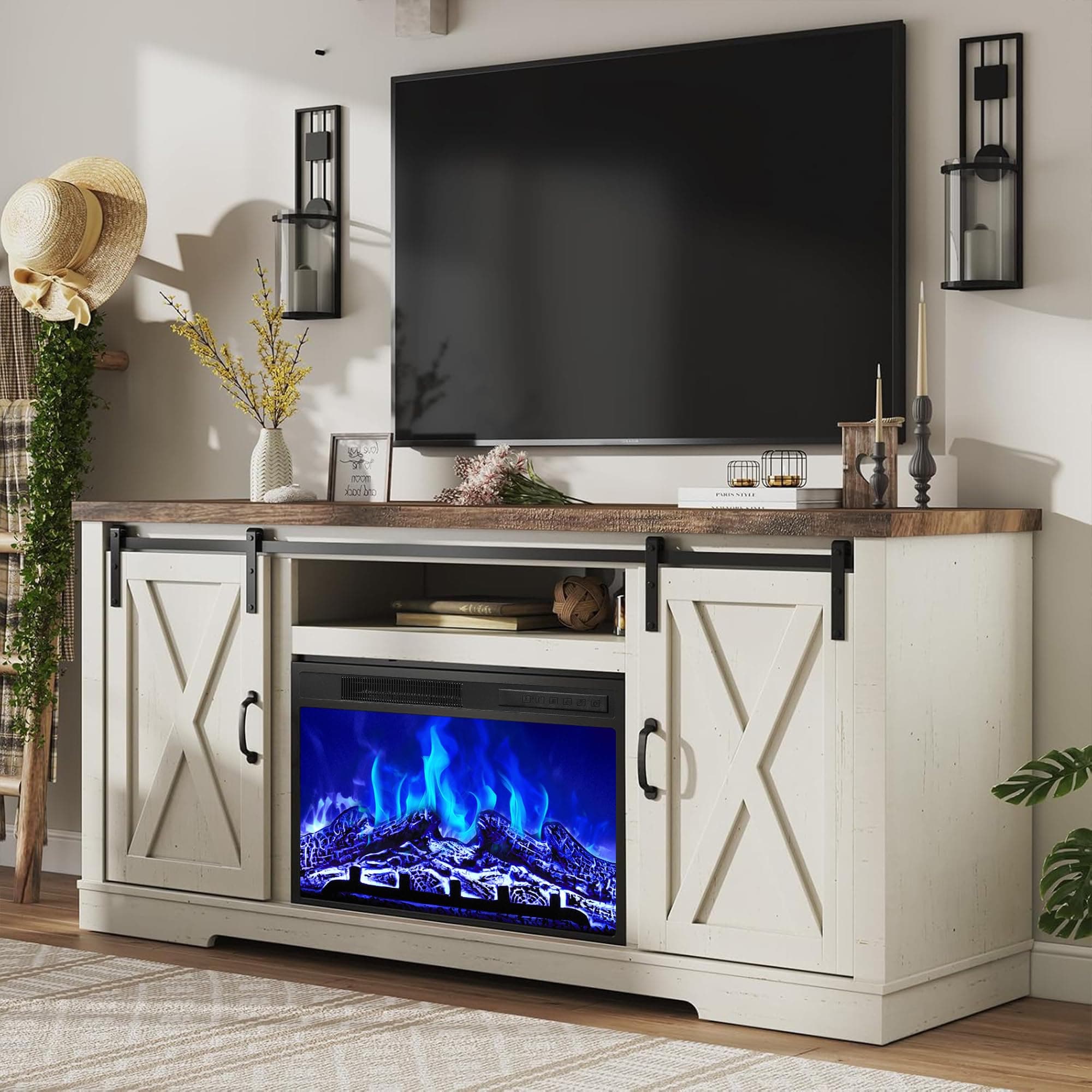 Fireplace TV Stand with Sliding Barn Door for TVs up to 73", Farmhouse 63" Fireplace Entertainment Center with Storage Cabinets/Adjustable Shelves, Distressed White & Barnwood