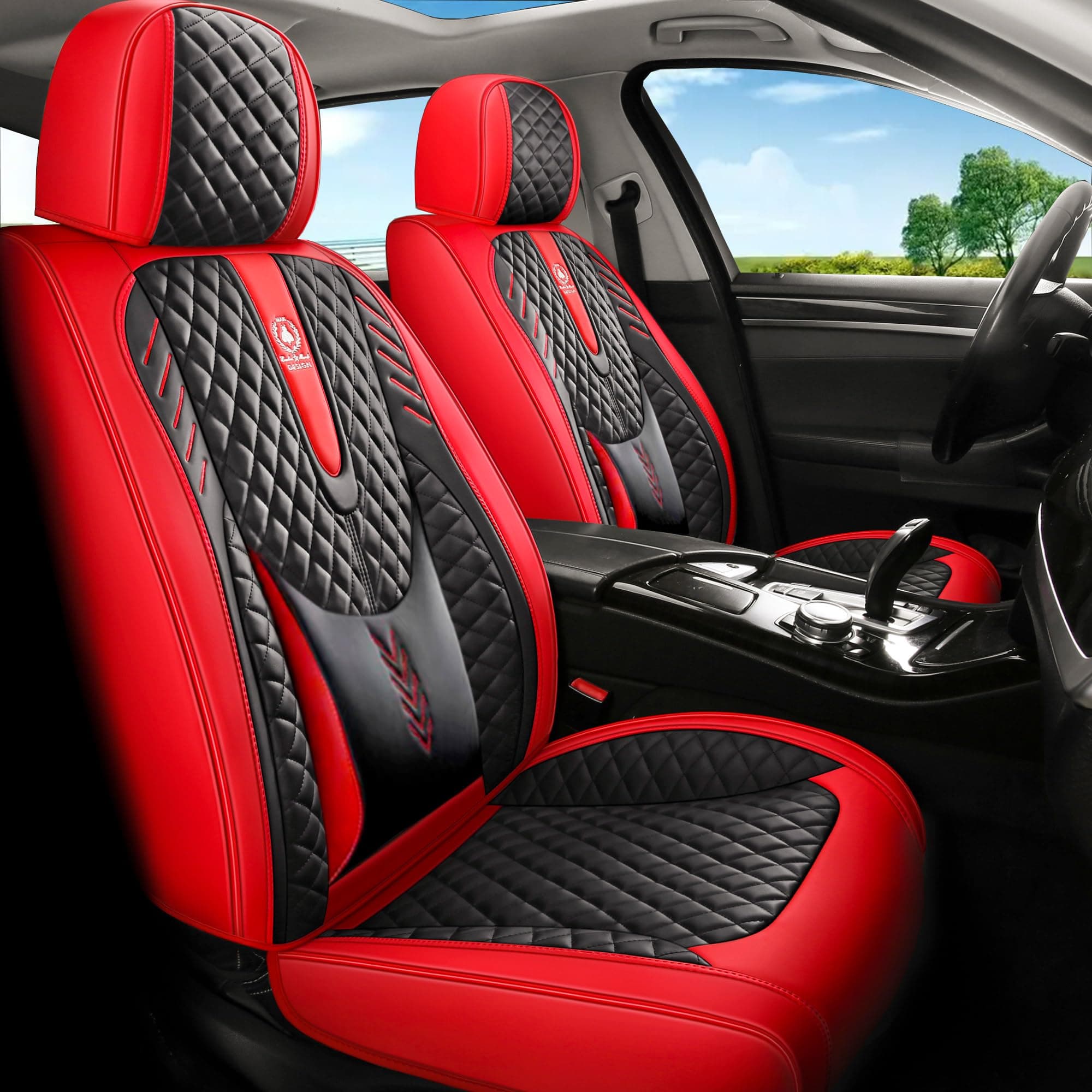 INZU Car Seat Cover 5-Seats Full Set Universal fit, Suitable for Most Cars, SUV, Airbags Compatible with Synthetic Leather Car Seat Cushion Protectors. (Black & Red)