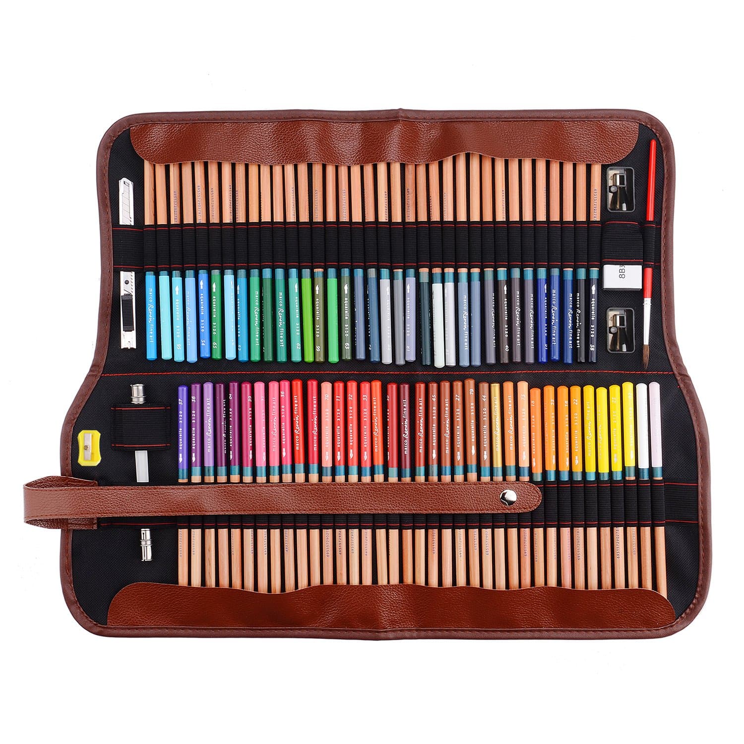 Art 72 Water Color Drawing Pencils +Eraser +pencil extender Set With Metal Tin and Roll Up Pouch Canvas Pen Bag for Artist Writing Sketching Colorful Blessings Cards